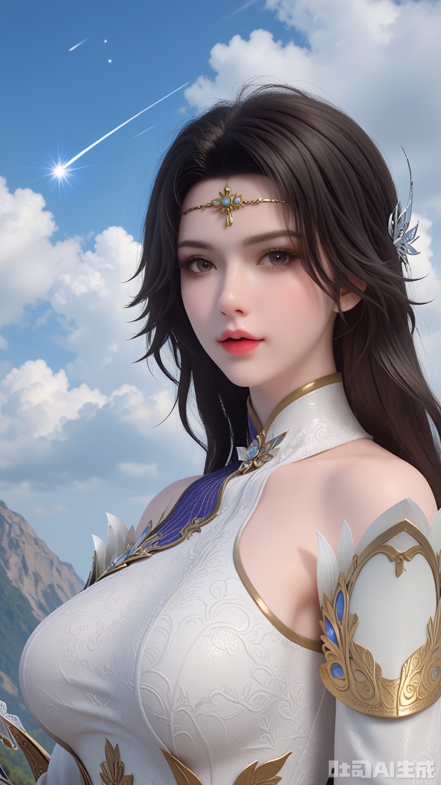 score_9,score_8, (Best quality, masterpiece, exquisite skin), woman, solo, breast, looking at viewer, upper_body, (Solid white and shooting star background)