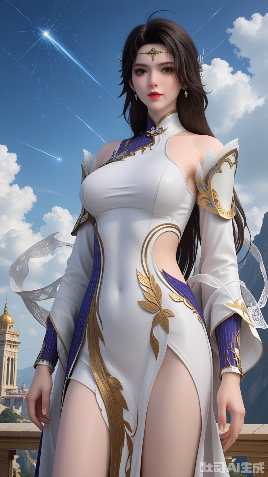 score_9,score_8, (Best quality, masterpiece, exquisite skin), woman, solo, breast, looking at viewer, legs, cowboy_shot, (Solid white and shooting star background)