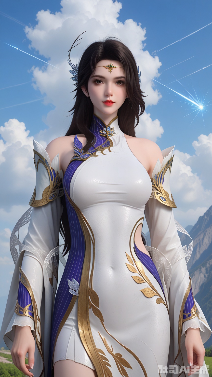 score_9,score_8, (Best quality, masterpiece, exquisite skin), woman, solo, breast, looking at viewer, legs, cowboy_shot, (Solid white and shooting star background)