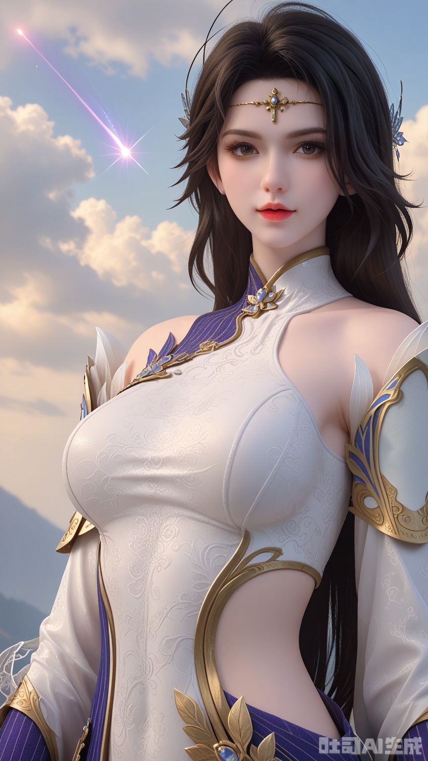 score_9,score_8, (Best quality, masterpiece, exquisite skin), woman, solo, breast, looking at viewer, cowboy_shot, (Solid white and shooting star background)