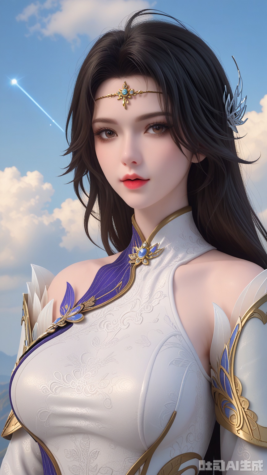 score_9,score_8, (Best quality, masterpiece, exquisite skin), woman, solo, breast, looking at viewer, upper_body, (Solid white and shooting star background)