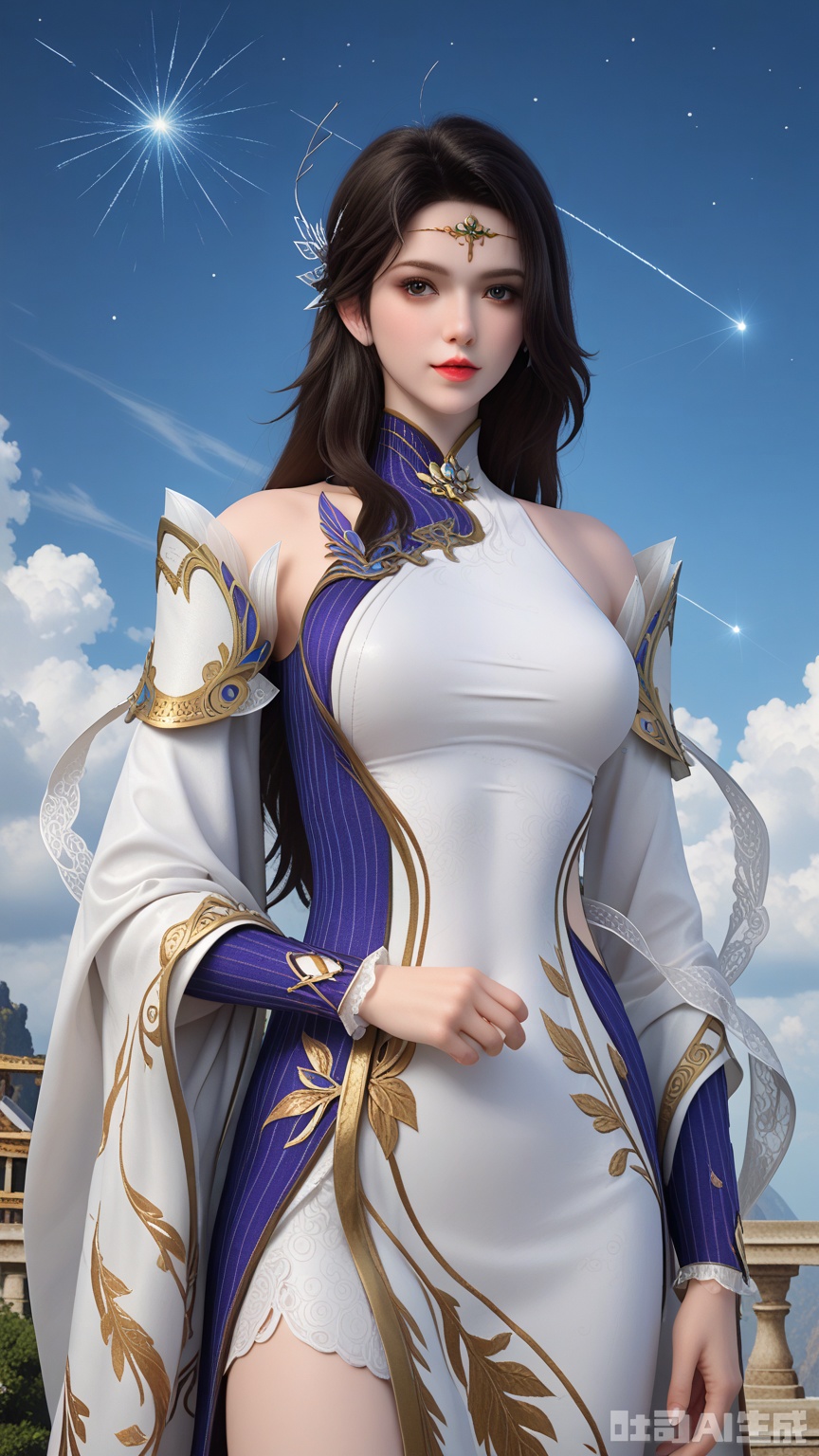 score_9,score_8, (Best quality, masterpiece, exquisite skin), woman, solo, breast, looking at viewer, legs, cowboy_shot, (Solid white and shooting star background)
