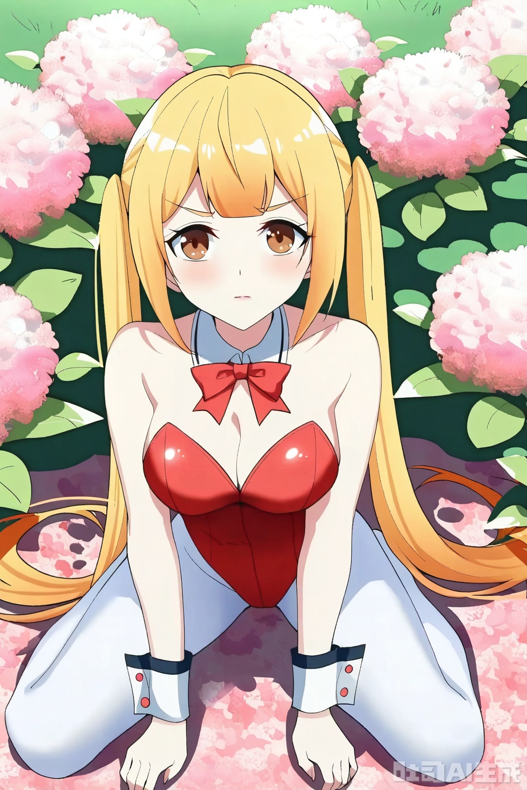1girl, solo, long hair, breasts, looking at viewer, bangs, blonde hair, bow, cleavage, bare shoulders, twintails, brown eyes, medium breasts, very long hair, pantyhose,bowtie, red bow, leotard, strapless, detached collar, playboy bunny, red bowtie,strapless leotard, white pantyhose,red leotard, 

Sit on the ground,full body,looking at viewer,flower field,flower field,