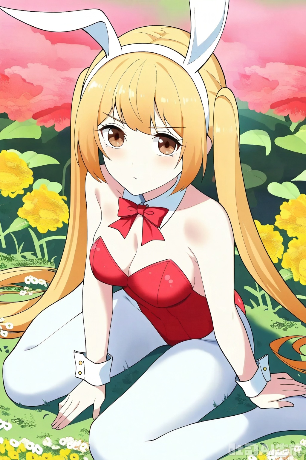 1girl, solo, long hair, breasts, looking at viewer, bangs, blonde hair, bow, cleavage, bare shoulders, twintails, brown eyes, medium breasts, very long hair, pantyhose,bowtie, red bow, leotard, strapless, detached collar, playboy bunny, red bowtie,strapless leotard, white pantyhose,red leotard, 

Sit on the ground,full body,looking at viewer,flower field,flower field,