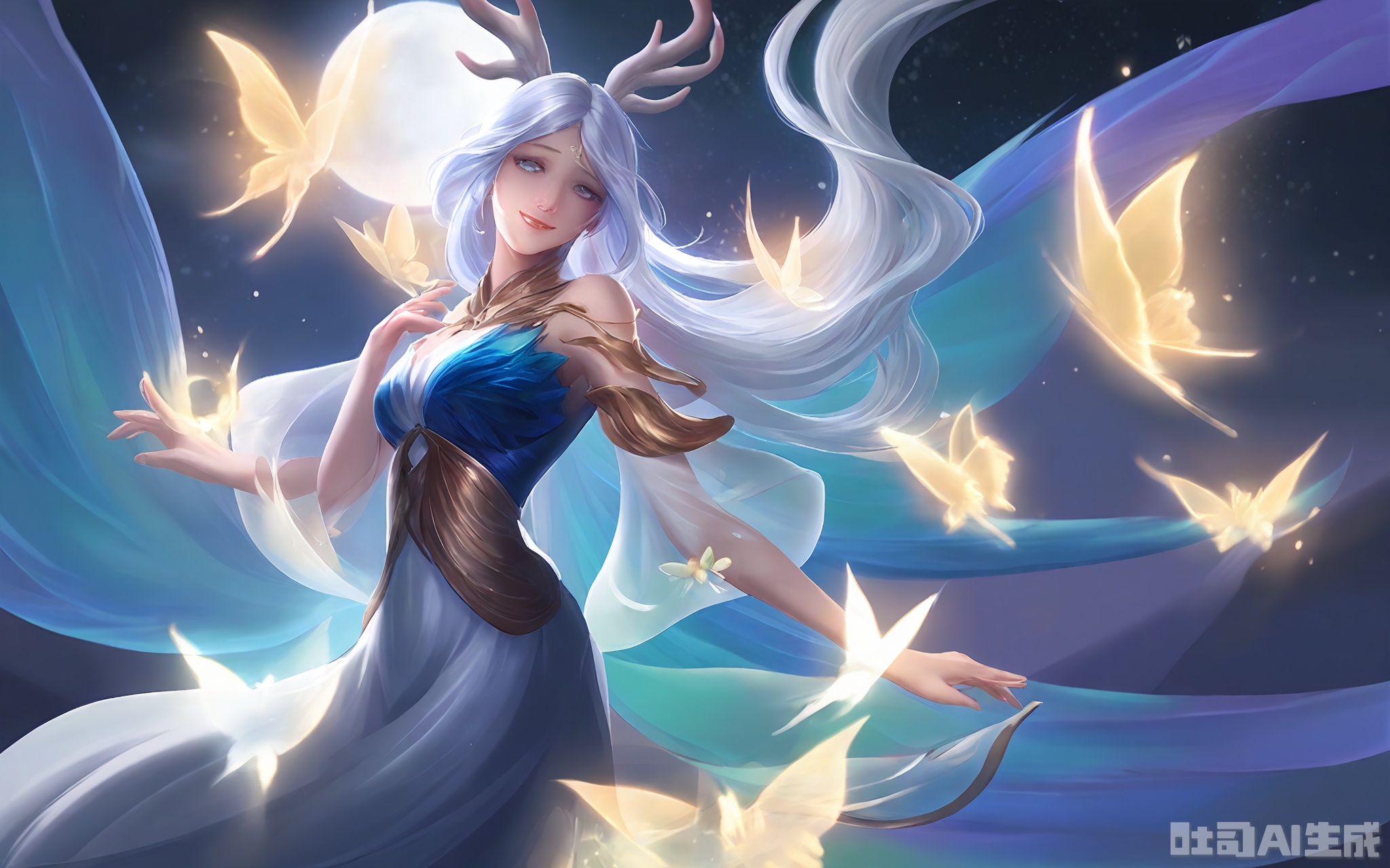 ZSHT, Digital illustration of a serene woman with long white hair and ethereal antlers, wearing a flowing white and teal dress with gold accents. She is standing under a large full moon, surrounded by delicate, glowing butterflies. A blue bird perches on her shoulder, adding a touch of whimsy. The background features a dreamy, starry night sky. The style is reminiscent of fantasy art, with soft lighting and gentle colors. The woman's expression is calm and peaceful, with a slight smile.