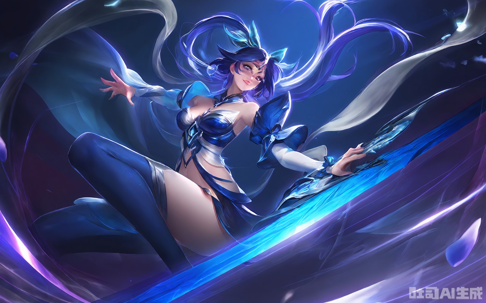 ZSHT, Anime-style illustration of a female character with long, flowing purple and blue hair, wearing a revealing outfit with blue and white accents. She has a confident, determined expression and is holding a glowing, blue and white sword. The background features a dark, mystical environment with swirling, ethereal patterns. The art style is detailed and dynamic, with a focus on the character's movement and the sword's energy.