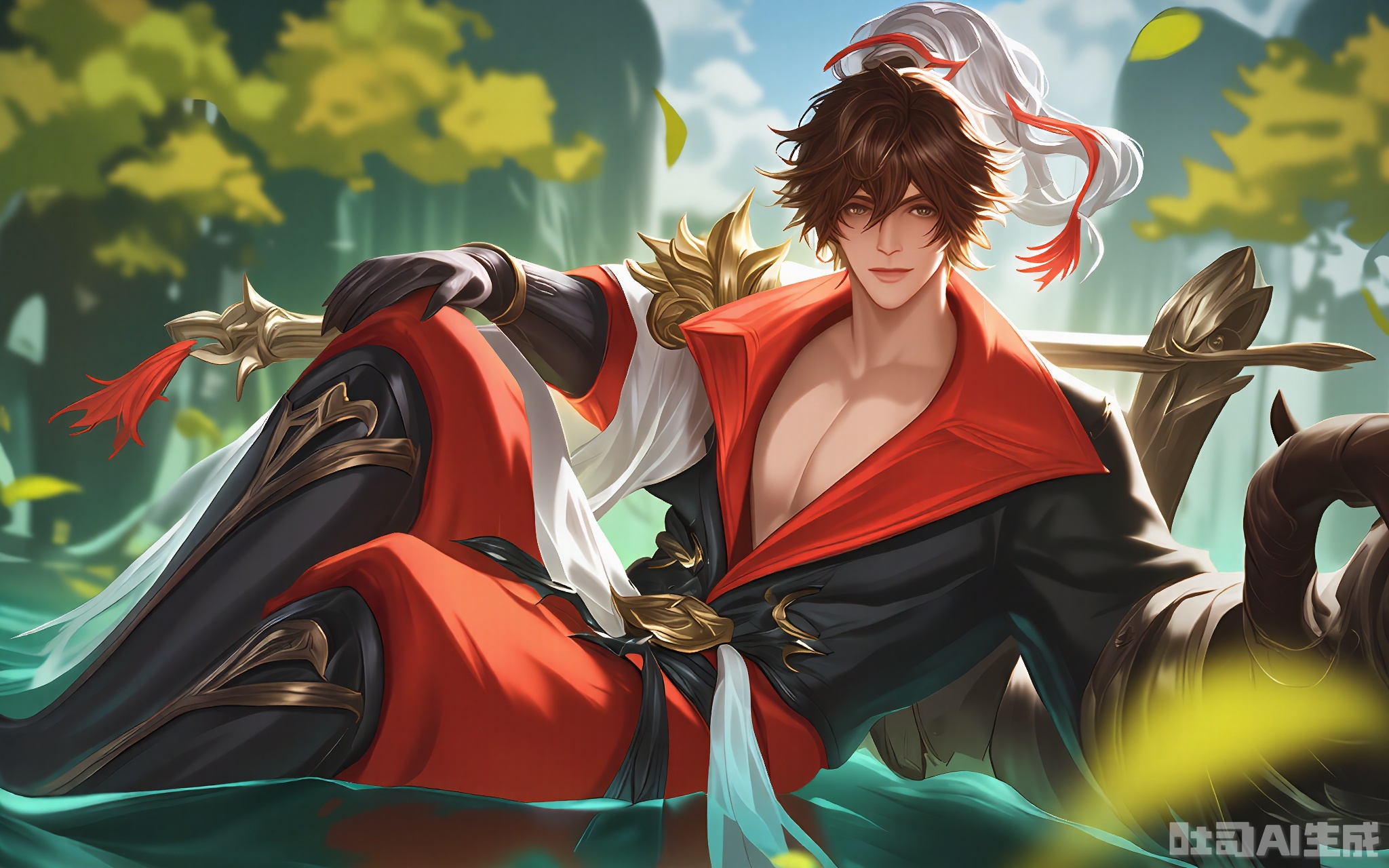 ZSHT, A digital painting of a male character from the game Genshin Impact, Liyue's Zhongli, sitting in a lotus position on the ground, surrounded by water and trees. He has long brown hair with a white and red topknot, and he is wearing a red and white outfit with black thigh-high boots. His expression is calm and confident. The background features a serene, natural setting with greenery and a clear sky. The art style is detailed and vibrant, with a focus on the character's design and the peaceful atmosphere.