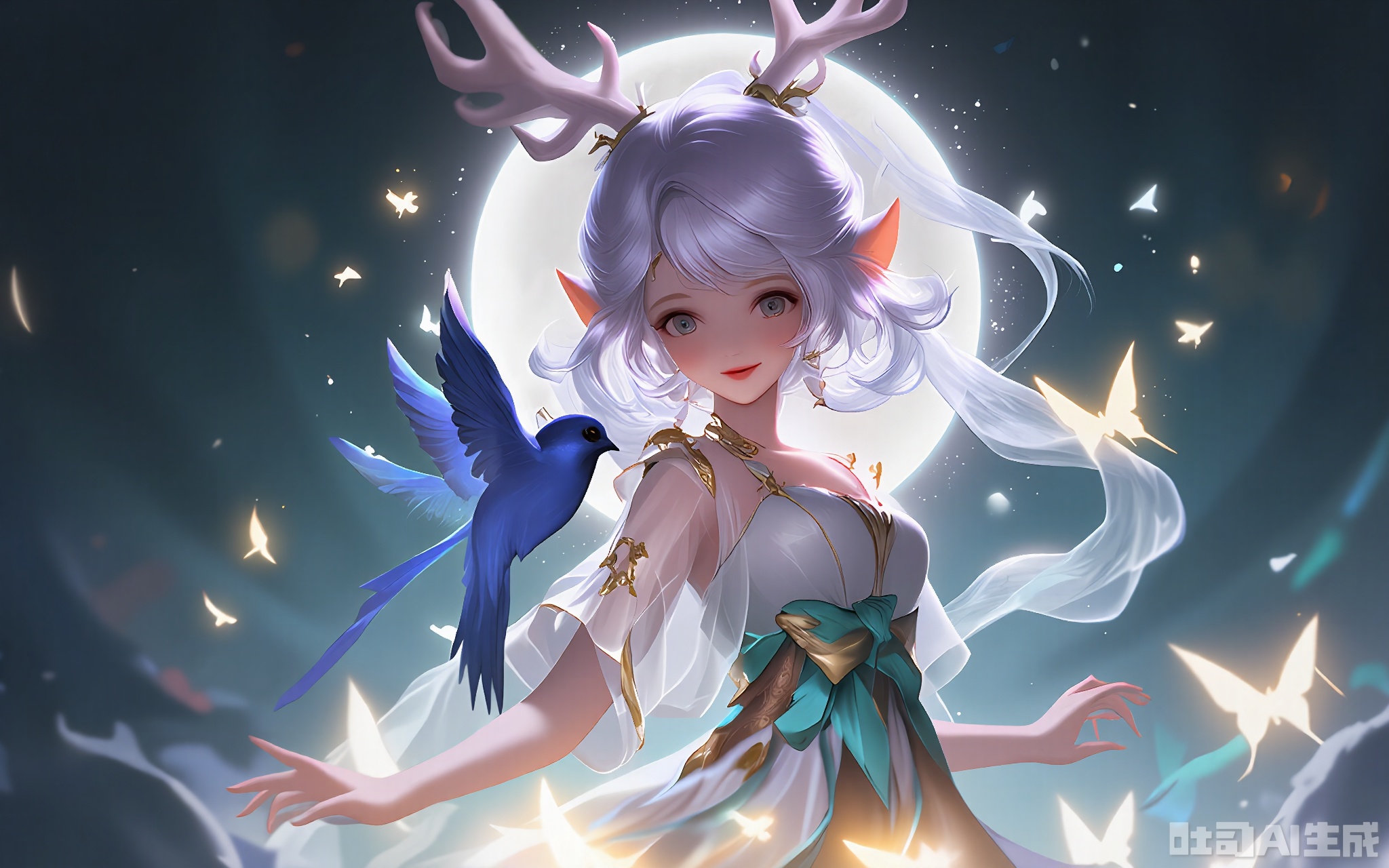 ZSHT, Digital illustration of a serene woman with long white hair and ethereal antlers, wearing a flowing white and teal dress with gold accents. She is standing under a large full moon, surrounded by delicate, glowing butterflies. A blue bird perches on her shoulder, adding a touch of whimsy. The background features a dreamy, starry night sky. The style is reminiscent of fantasy art, with soft lighting and gentle colors. The woman's expression is calm and peaceful, with a slight smile.