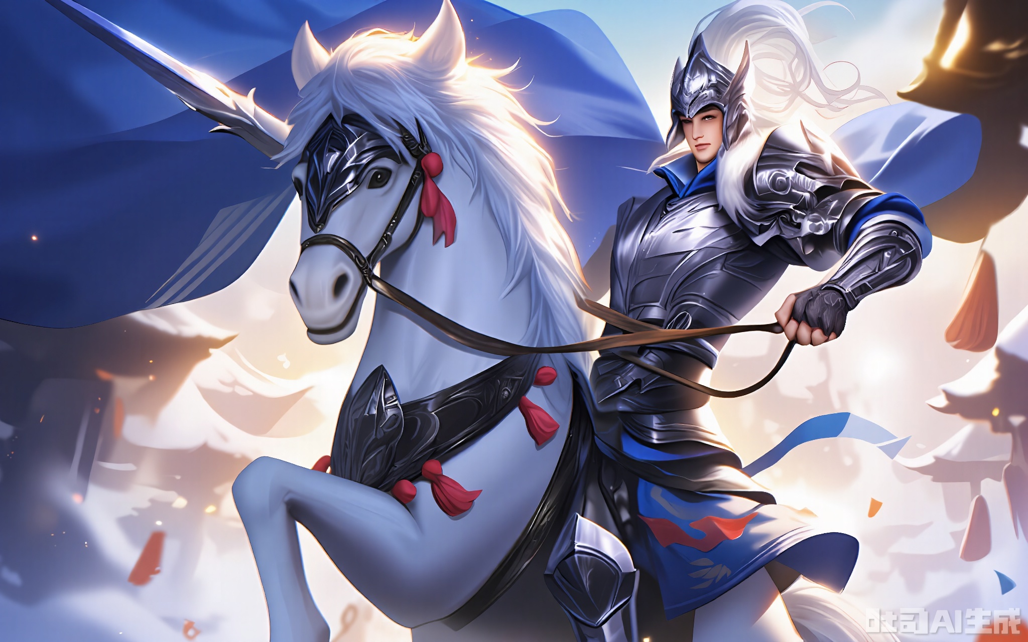 ZSHT, A digital painting of a knight on a white horse, both adorned with intricate armor and flowing white hair. The knight, with a stern expression, wields a sword and has a cape billowing behind him. The horse is decorated with red ribbons. The background features a misty, snow-covered landscape with a traditional Asian-style building in the distance. The artwork has a fantasy theme with a high level of detail and vibrant colors.