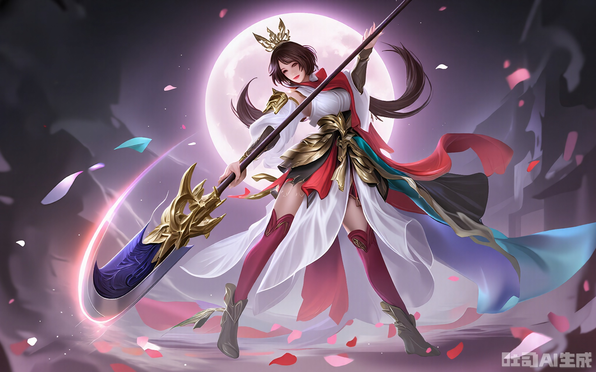 ZSHT, Digital art of a fantasy warrior woman with long, flowing brown hair and a white crown, wielding a large, ornate spear. She wears a white and red outfit with gold accents, thigh-high boots, and a long, flowing cape. The background features a full moon and a swirling, magical aura. The style is detailed and vibrant, with a dynamic pose and a sense of action. The woman has a determined expression and is surrounded by floating petals.