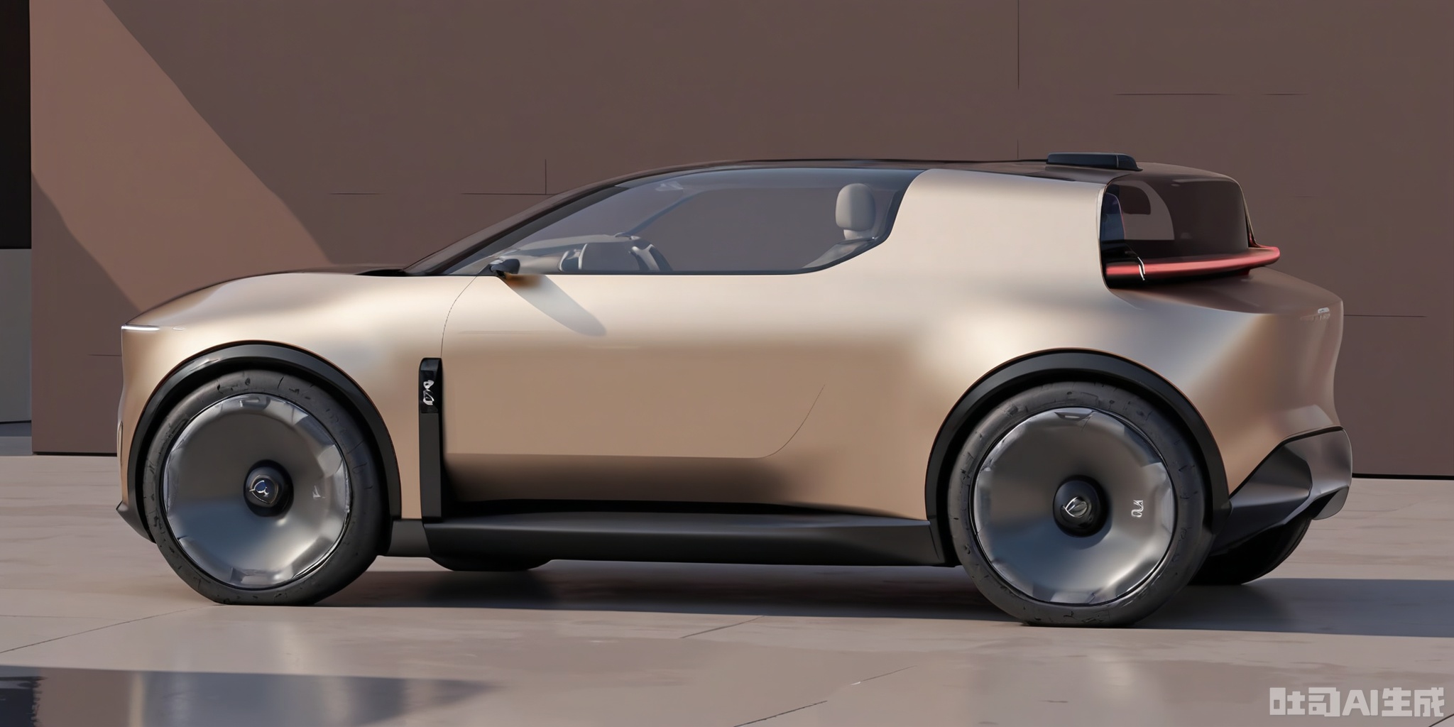 CYCX, A futuristic, small electric convertible with a minimalist design, featuring a soft-top, two-seater body in a metallic gold. The convertible has a sleek, aerodynamic shape, a low-profile windshield, and black wire wheels. It has a small, removable hardtop that can be stored in the trunk. Positioned on a reflective, gold-tinted glass floor, with a plain dark brown wall in the background, the CGI image emphasizes the convertible's luxury and freedom.

