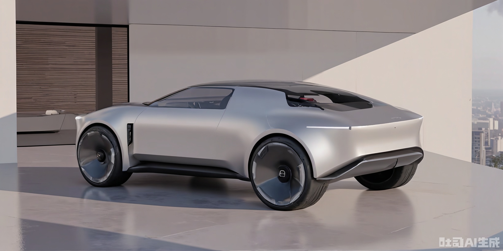 CYCX, A futuristic, small electric sports car with a minimalist design, characterized by a low, elongated body in a metallic silver hue. The car has a sharp, angular front end, large air intakes, and black multi-spoke wheels. It features a panoramic glass roof and a small, retractable rear spoiler. Parked on a reflective glass floor, with a plain off-white wall behind it, the high-quality rendering showcases the car's speed and sleekness.