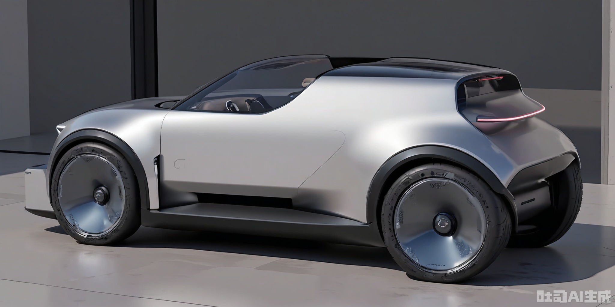 CYCX, A futuristic, small electric roadster with a minimalist design, characterized by an open-top, single-seater body in a glossy silver-blue. The roadster has a sleek, aerodynamic shape, a low-profile windshield, and black wire wheels. It features a small, removable hardtop and a minimalist interior with a digital instrument cluster. Parked on a reflective, silver-blue glass floor, with a plain dark gray wall behind it, the high-quality rendering showcases the roadster's speed and freedom.