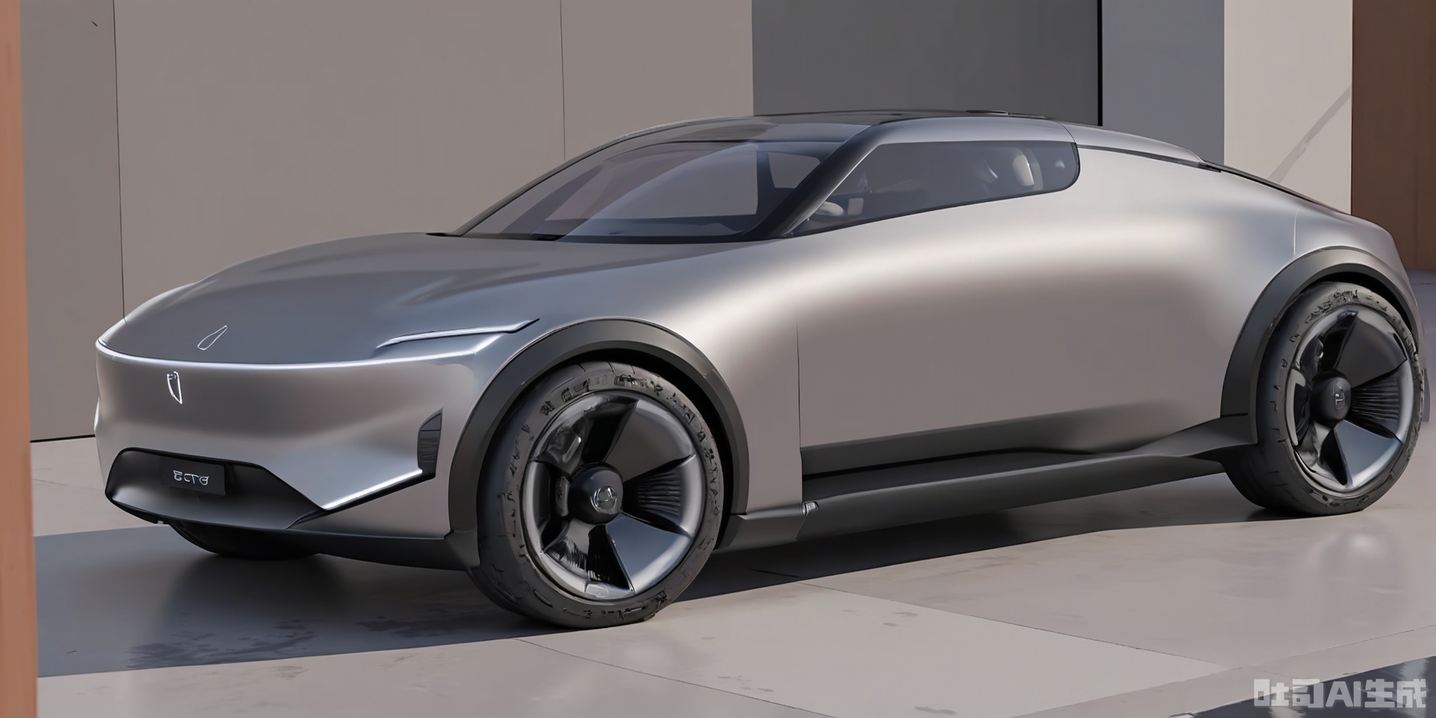 CYCX, A futuristic, small electric coupe with a minimalist design, showcasing a smooth, curved body in a matte charcoal gray. The coupe has a low-slung stance, a hidden door handle design, and black turbine-style wheels. It features a large, curved windshield and a small, integrated rear spoiler. Parked on a sleek, polished aluminum floor, with a plain light gray wall behind it, the high-quality rendering highlights the coupe's elegance and performance.
