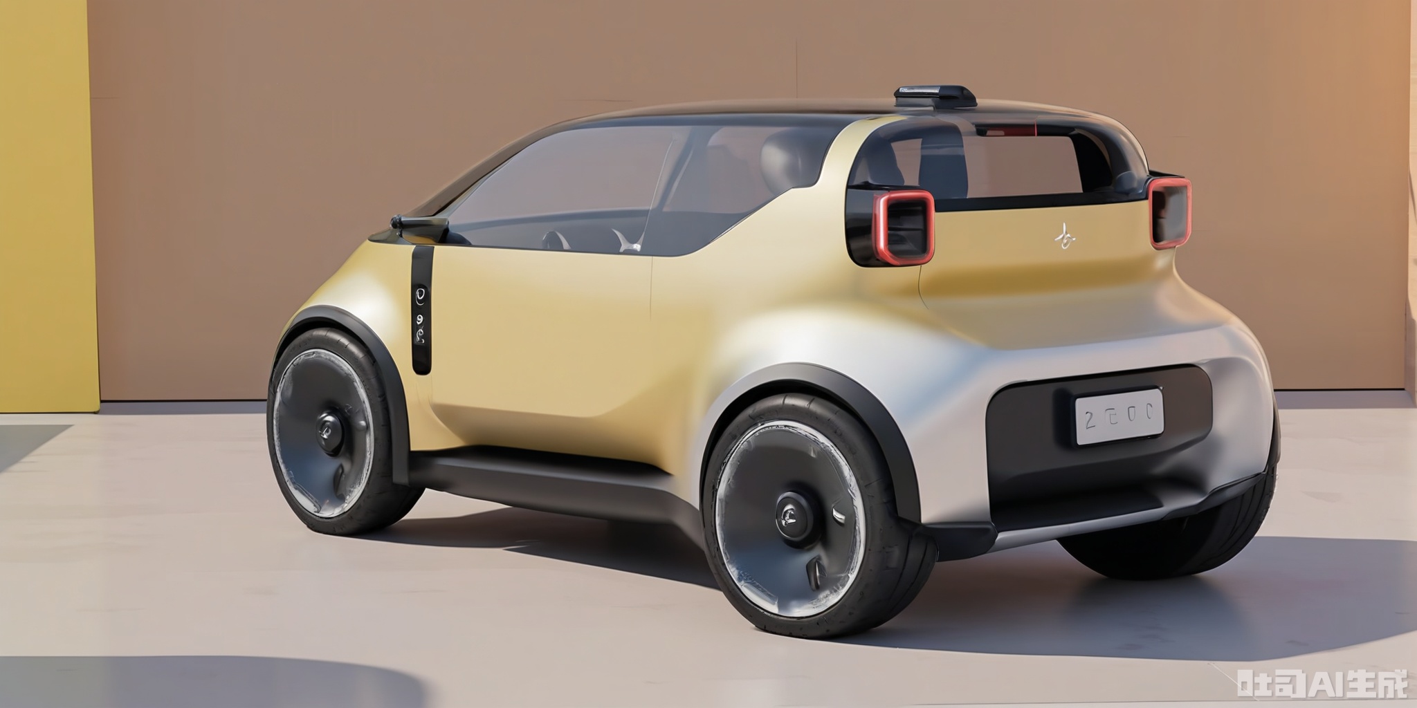 CYCX, A futuristic, small electric microcar with a minimalist design, featuring a tiny, rounded body in a glossy lemon yellow. The microcar has a small front grille, large, expressive headlights, and black plastic wheels. It has a single door that swings upward and a minimalist interior. Positioned on a smooth, light-colored wooden floor, with a plain white wall as the backdrop, the CGI image emphasizes the microcar's compactness and modern charm.