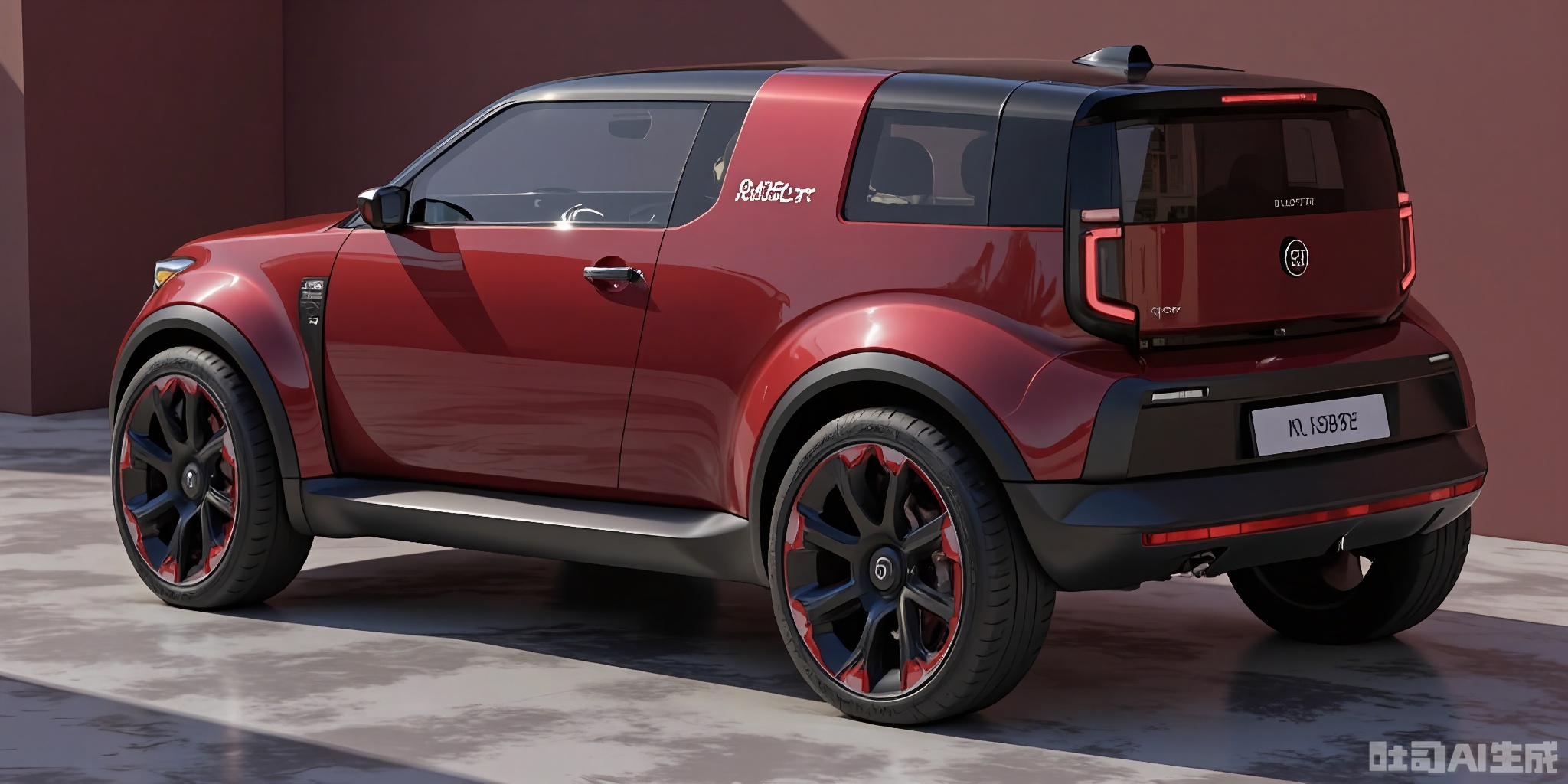 CYCX, A futuristic, small electric sports utility coupe (SUVC) with a minimalist design, characterized by a sleek, coupe-like roofline on an SUV body in a metallic red. The SUVC has a large, bold front grille, black alloy wheels with red accents, and a small, integrated rear spoiler. It features a panoramic glass roof and LED taillights. Parked on a reflective, silver metal floor, with a plain dark red wall behind it, the high-quality rendering showcases the SUVC's sportiness and modern style.

