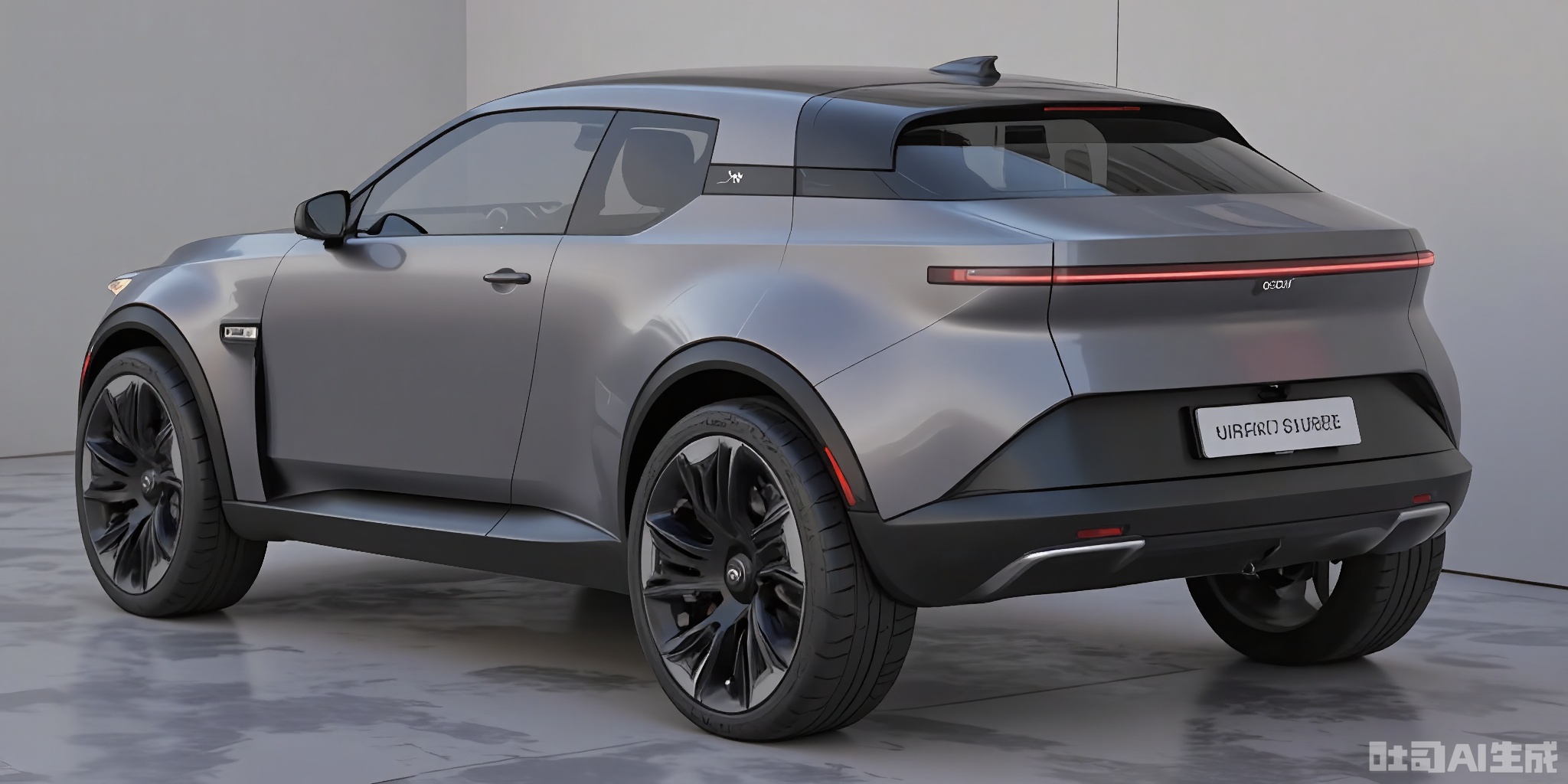 CYCX, A futuristic, small electric coupe with a minimalist design, showcasing a smooth, curved body in a matte charcoal gray. The coupe has a low-slung stance, a hidden door handle design, and black turbine-style wheels. It features a large, curved windshield and a small, integrated rear spoiler. Parked on a sleek, polished aluminum floor, with a plain light gray wall behind it, the high-quality rendering highlights the coupe's elegance and performance.
