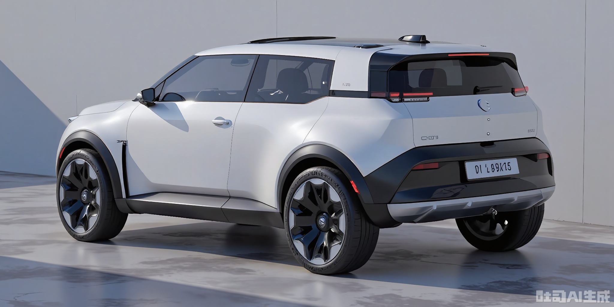 CYCX, A futuristic, small electric sedan with a minimalist design, showcasing a long, sleek body in a glossy white. The sedan has a low-profile front end, a hidden door handle design, and black multi-spoke wheels. It features a large, curved touchscreen display on the dashboard and a small, integrated rear spoiler. Parked on a sleek, polished chrome floor, with a plain light blue wall behind it, the high-quality rendering highlights the sedan's luxury and innovation.
