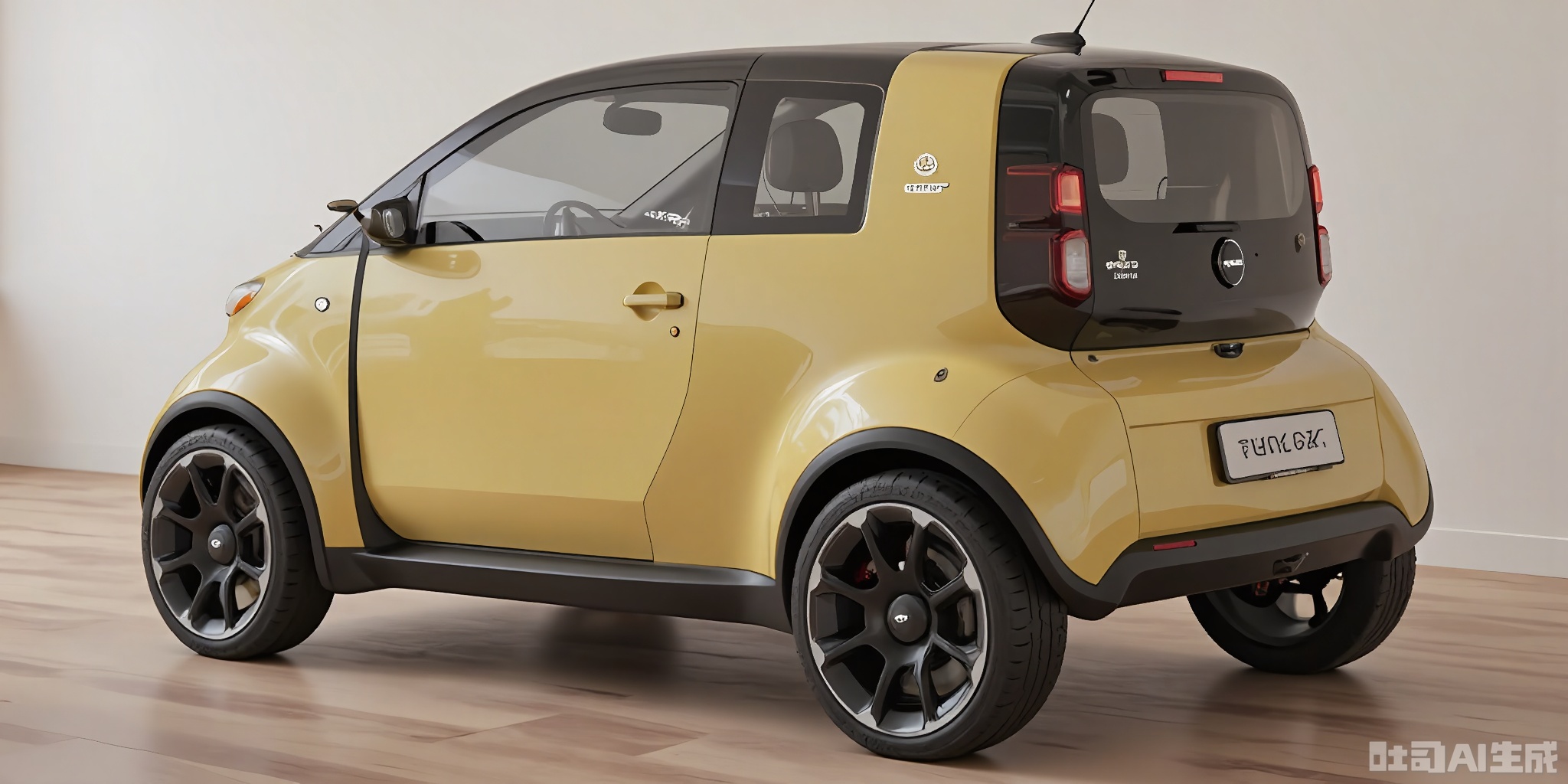 CYCX, A futuristic, small electric microcar with a minimalist design, featuring a tiny, rounded body in a glossy lemon yellow. The microcar has a small front grille, large, expressive headlights, and black plastic wheels. It has a single door that swings upward and a minimalist interior. Positioned on a smooth, light-colored wooden floor, with a plain white wall as the backdrop, the CGI image emphasizes the microcar's compactness and modern charm.
