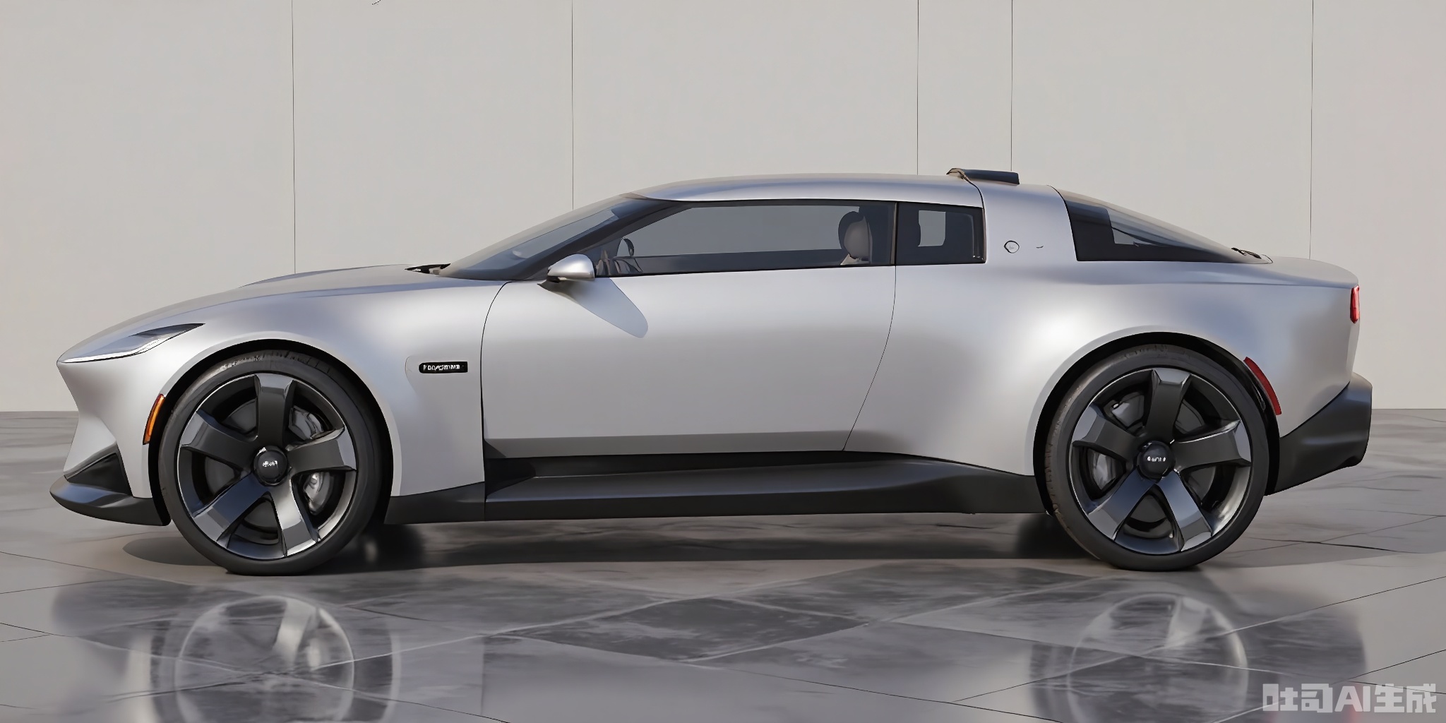 CYCX, A futuristic, small electric sports car with a minimalist design, characterized by a low, elongated body in a metallic silver hue. The car has a sharp, angular front end, large air intakes, and black multi-spoke wheels. It features a panoramic glass roof and a small, retractable rear spoiler. Parked on a reflective glass floor, with a plain off-white wall behind it, the high-quality rendering showcases the car's speed and sleekness.
