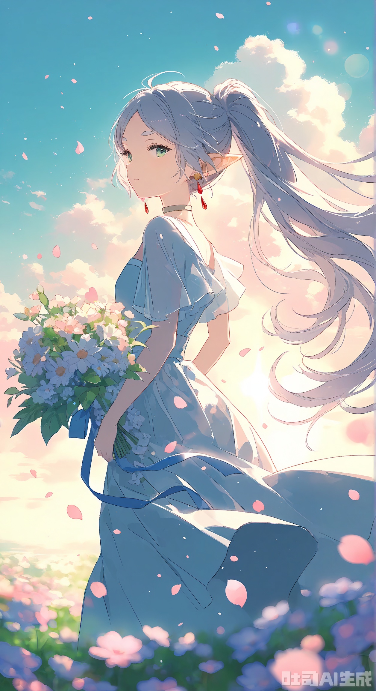 1girl, solo, long hair, looking at viewer, dress, jewelry, green eyes, ponytail, flower, earrings, sky, pointy ears, cloud, petals, elf, bouquet,Frieren    ,Light, shadow
,best quality,depth of field,cinematic lighting,light particles,lens flare,impactful picture,offcial art,movie perspective,high quality,extremely detailed,High Detail,(Tyndall Effect 1.4),cover art,extreme aesthetic,masterpiece,best quality,good quality,newest,Visual impact,32K UHD,sharp focus,Scenery