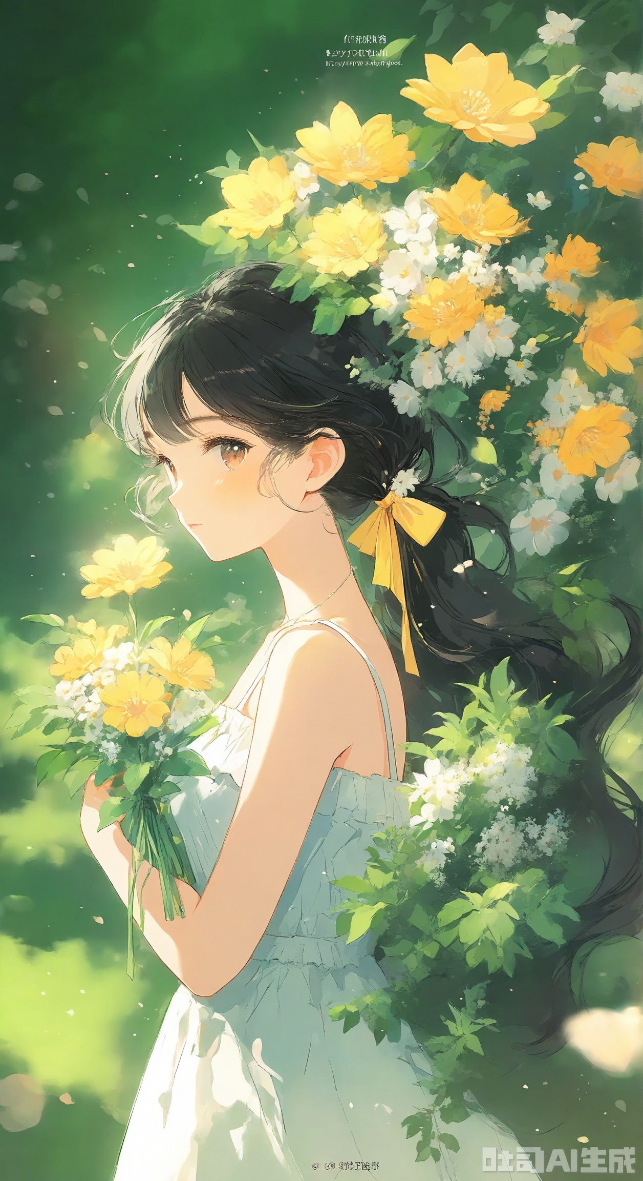 1girl, solo, long hair, looking at viewer, bangs, black hair, dress, ribbon, holding, bare shoulders, brown eyes, closed mouth, hair ribbon, upper body, ponytail, flower, frills, sleeveless, twitter username, white dress, from side, looking to the side, bare arms, sleeveless dress, leaf, white flower, low ponytail, yellow ribbon, bouquet, yellow flower, holding flower, spaghetti strap, sundress, holding bouquet ,Light, shadow
,best quality,depth of field,cinematic lighting,light particles,lens flare,impactful picture,offcial art,movie perspective,high quality,extremely detailed,High Detail,(Tyndall Effect 1.4),cover art,extreme aesthetic,masterpiece,best quality,good quality,newest,Visual impact,32K UHD,sharp focus,Scenery