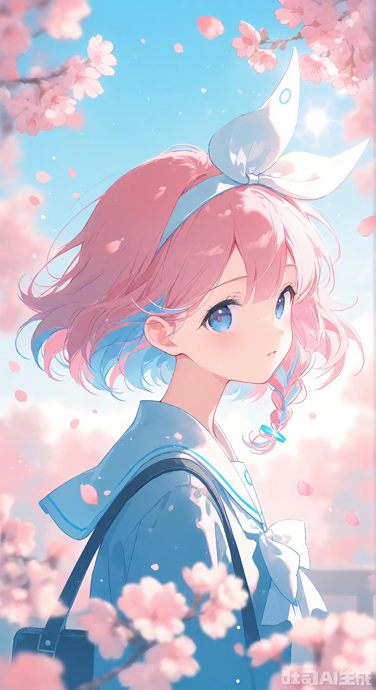1girl, solo, looking at viewer, short hair, bangs, blue eyes, shirt, bow, school uniform, blue hair, upper body, pink hair, braid, flower, multicolored hair, hairband, sky, sailor collar, bag, two-tone hair, blue sky, petals, cherry blossoms, pink flower, white sailor collar, white hairband, colored inner hair, bow hairband, arona \(blue archive\)   ,Light, shadow
,best quality,depth of field,cinematic lighting,light particles,lens flare,impactful picture,offcial art,movie perspective,high quality,extremely detailed,High Detail,(Tyndall Effect 1.4),cover art,extreme aesthetic,masterpiece,best quality,good quality,newest,Visual impact,32K UHD,sharp focus,Scenery
