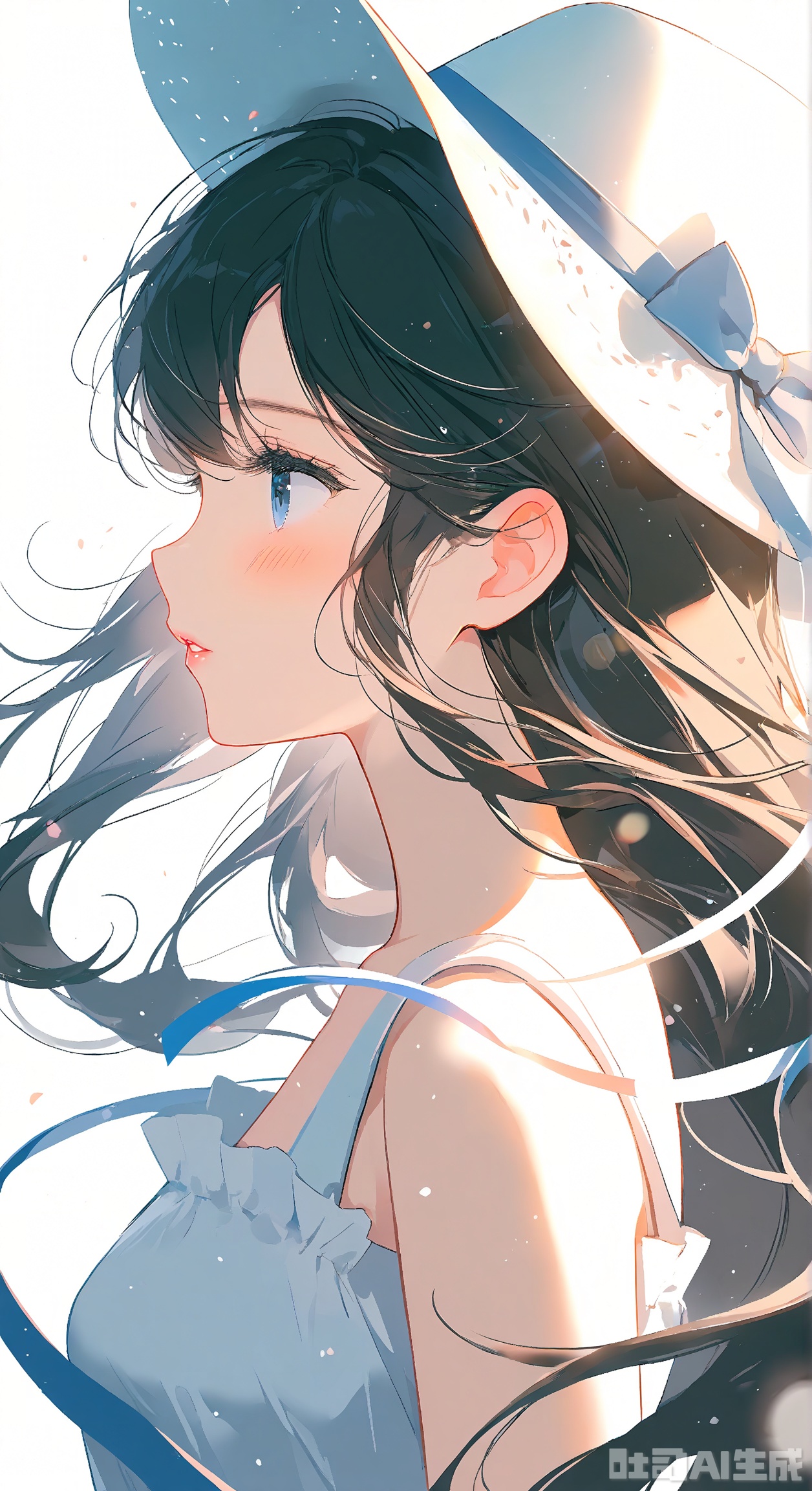 1girl, solo, long hair, breasts, blush, blue eyes, simple background, black hair, hat, white background, dress, ribbon, bare shoulders, upper body, parted lips, sleeveless, white dress, from side, lips, eyelashes, profile, floating hair, sleeveless dress, white headwear, sun hat, sundress   ,Light, shadow
,best quality,depth of field,cinematic lighting,light particles,lens flare,impactful picture,offcial art,movie perspective,high quality,extremely detailed,High Detail,(Tyndall Effect 1.4),cover art,extreme aesthetic,masterpiece,best quality,good quality,newest,Visual impact,32K UHD,sharp focus,Scenery
