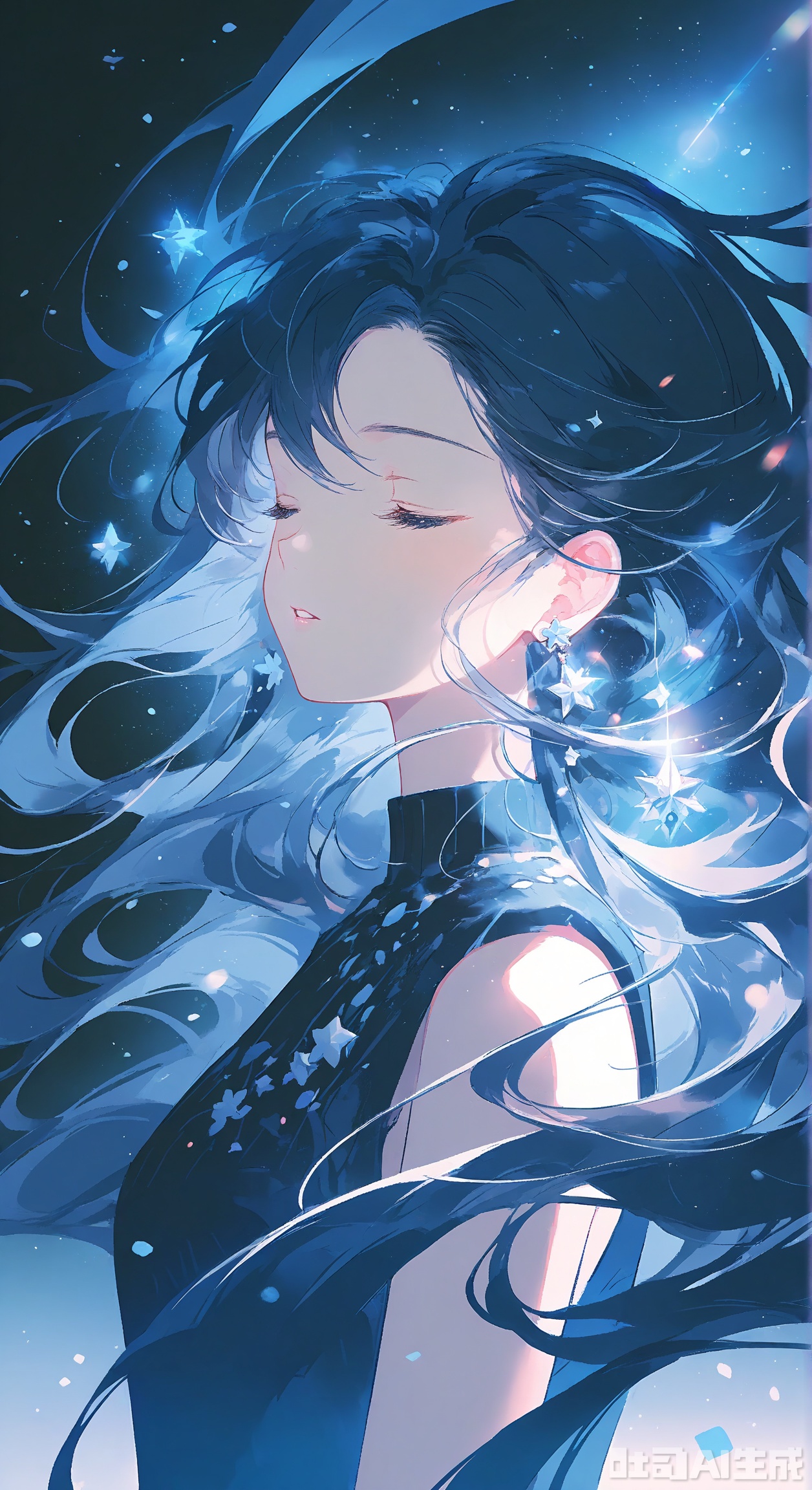 1girl, solo, long hair, jewelry, blue hair, closed eyes, upper body, earrings, parted lips, sleeveless, star \(symbol\), floating hair, blue theme   ,Light, shadow
,best quality,depth of field,cinematic lighting,light particles,lens flare,impactful picture,offcial art,movie perspective,high quality,extremely detailed,High Detail,(Tyndall Effect 1.4),cover art,extreme aesthetic,masterpiece,best quality,good quality,newest,Visual impact,32K UHD,sharp focus,Scenery