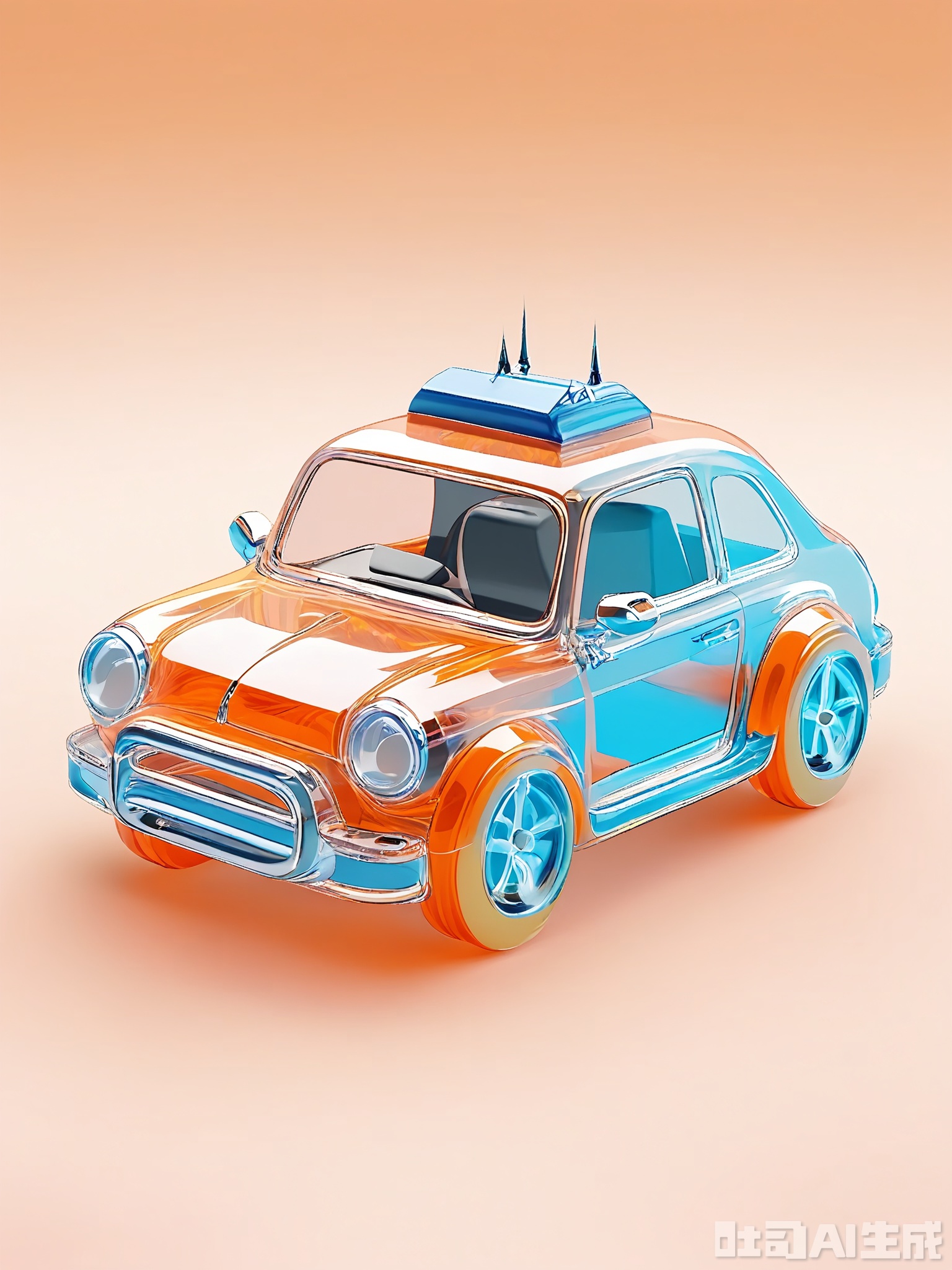 JBTM, A high-quality 3D visualization of a playful, transparent glass toy car with wheels, resting on a gradient background shifting from light orange at the top to soft yellow at the bottom. The toy car is positioned centrally, tilted slightly to the right, with a smooth glass surface that shows the wheels inside. Its design is cute and whimsical, featuring a rounded body and a driver's seat. The lighting is soft and cheerful, creating a happy atmosphere around the toy car. The overall look is endearing and inviting, emphasizing the toy car's playful design and the joy of play.
