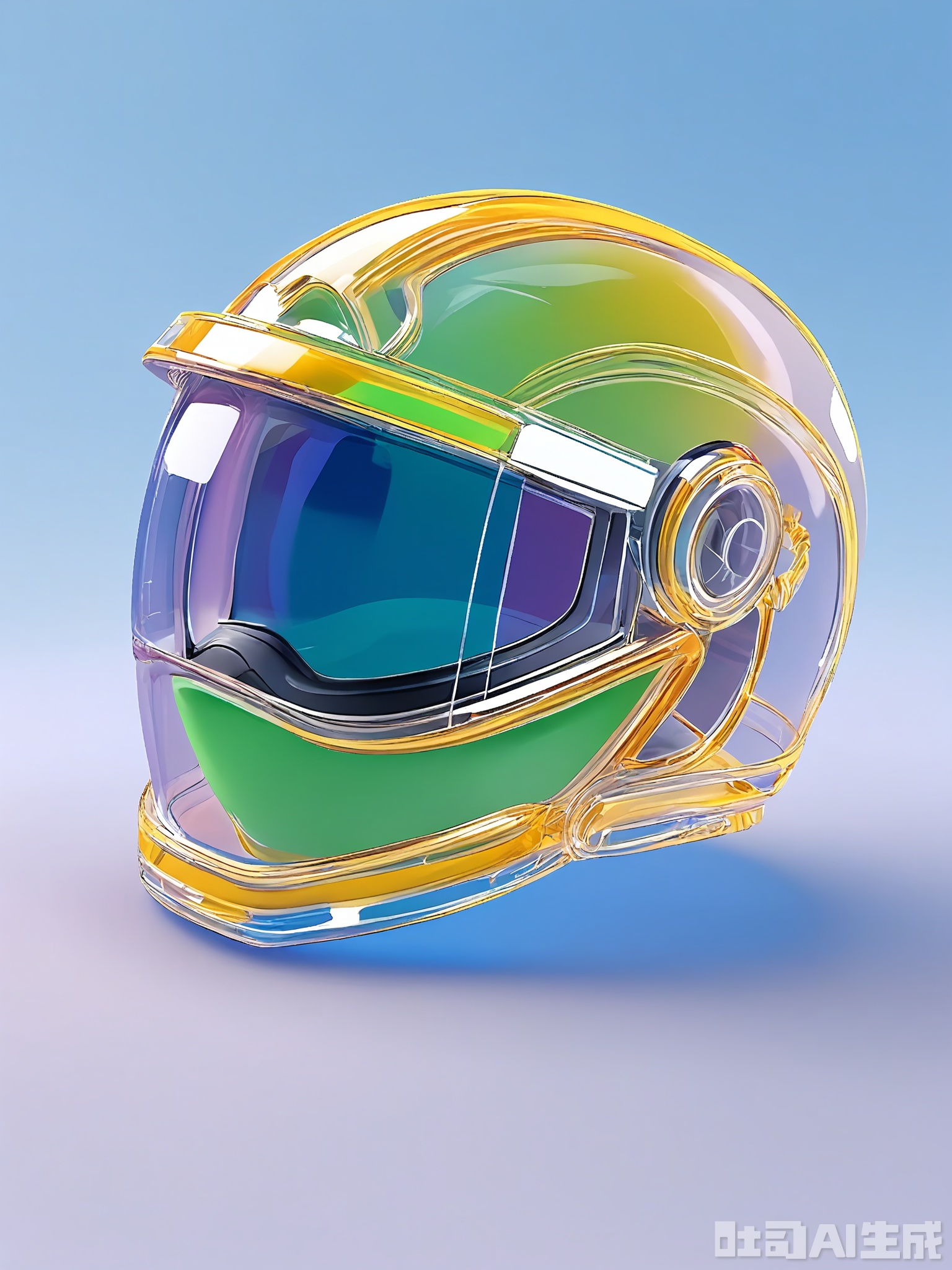 JBTM, A high-quality 3D render of a futuristic, transparent glass helmet with a visor, placed on a gradient background transitioning from deep purple at the top to bright neon green at the bottom. The helmet is centered, facing slightly upwards, with a sleek glass surface that reflects the surrounding colors. Its design is innovative and high-tech, featuring a streamlined shape and a built-in communication system. The lighting is dramatic and intense, highlighting the helmet's details and creating a sense of adventure. The overall look is otherworldly and captivating, focusing on the helmet's futuristic design and space exploration.
