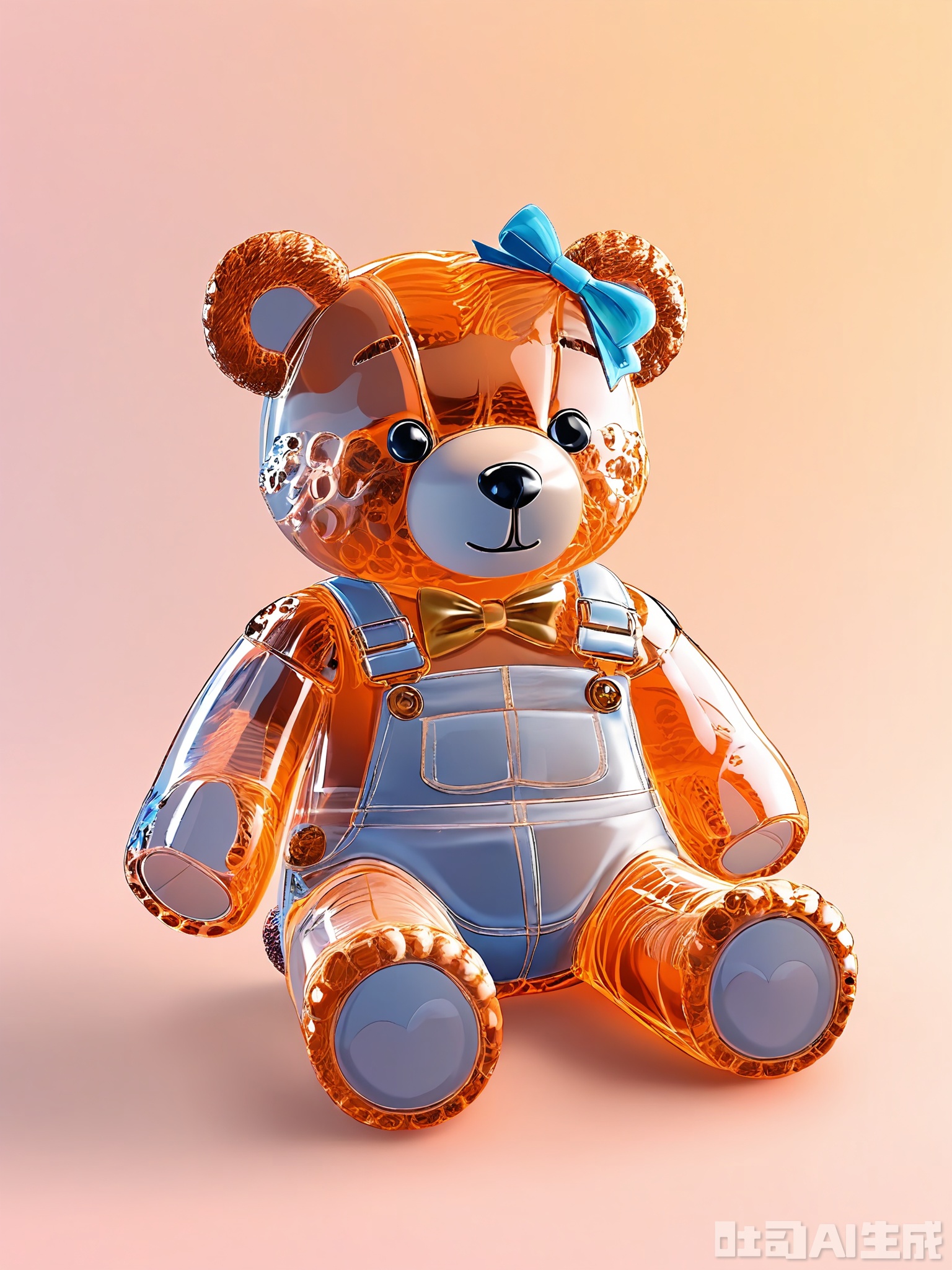 JBTM, A high-quality 3D visualization of a playful, transparent glass teddy bear with a bow, resting on a gradient background shifting from light orange at the top to soft pink at the bottom. The teddy bear is positioned centrally, tilted slightly to the right, with a smooth glass surface that shows the bear's features inside. Its design is cute and whimsical, featuring a round body and a friendly face. The lighting is soft and cheerful, creating a happy atmosphere around the teddy bear. The overall look is endearing and inviting, emphasizing the teddy bear's playful design and the warmth of companionship.
