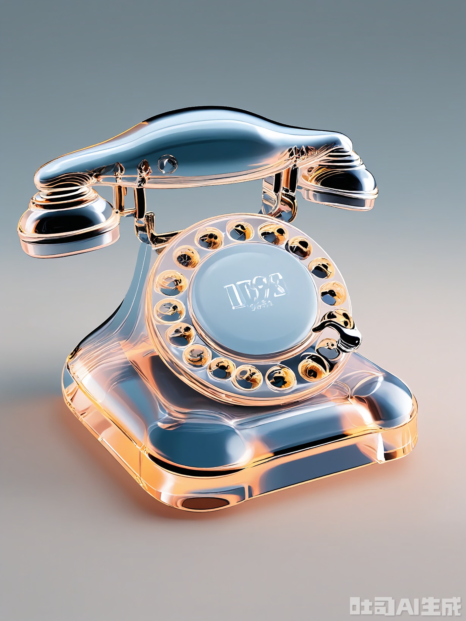 JBTM, A high-quality 3D image of a vintage, transparent glass telephone with a rotary dial, set against a gradient background changing from light gray at the top to soft beige at the bottom. The telephone is centered, facing slightly to the left, with a polished glass surface that reflects the light. Its design is classic and nostalgic, featuring a curved handset and a sturdy base. The lighting is warm and inviting, creating a cozy atmosphere around the telephone. The overall look is charming and retro, highlighting the telephone's vintage charm and practicality.
