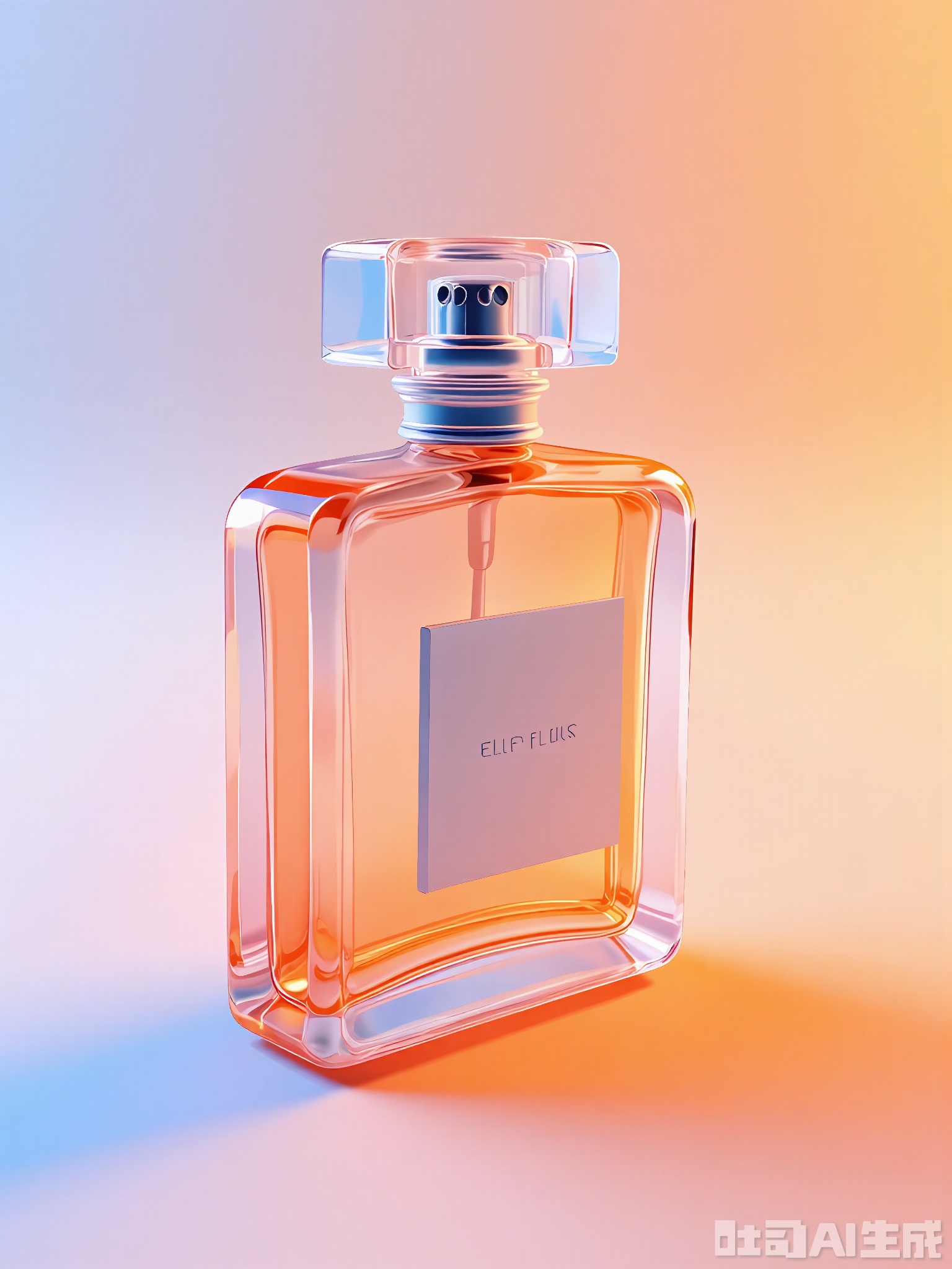JBTM, A high-quality 3D visualization of a sleek, transparent glass perfume bottle with a silver atomizer, resting on a gradient background transitioning from light peach at the top to soft lilac at the bottom. The bottle is positioned centrally, facing slightly upwards, with a smooth glass surface that catches the light. Its design is modern and chic, with a minimalist label and a curved silhouette. The lighting is gentle and diffused, creating a soft glow around the bottle and enhancing its transparency. The overall look is luxurious and inviting, focusing on the bottle's elegant design and alluring fragrance.
