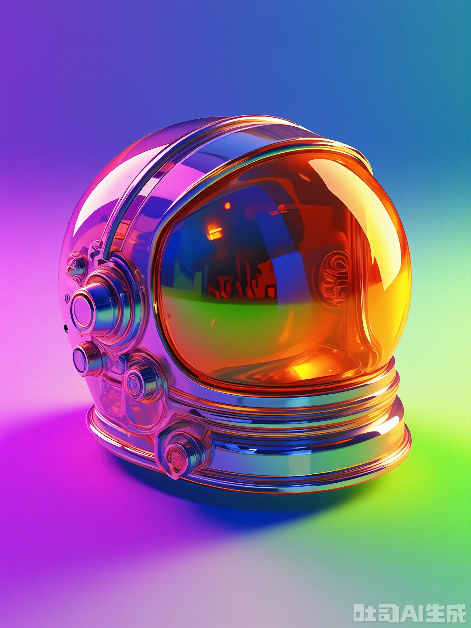 JBTM, A high-quality 3D render of a futuristic, transparent glass helmet with a visor, placed on a gradient background transitioning from deep purple at the top to bright neon green at the bottom. The helmet is centered, facing slightly upwards, with a sleek glass surface that reflects the surrounding colors. Its design is innovative and high-tech, featuring a streamlined shape and a built-in communication system. The lighting is dramatic and intense, highlighting the helmet's details and creating a sense of adventure. The overall look is otherworldly and captivating, focusing on the helmet's futuristic design and space exploration.
