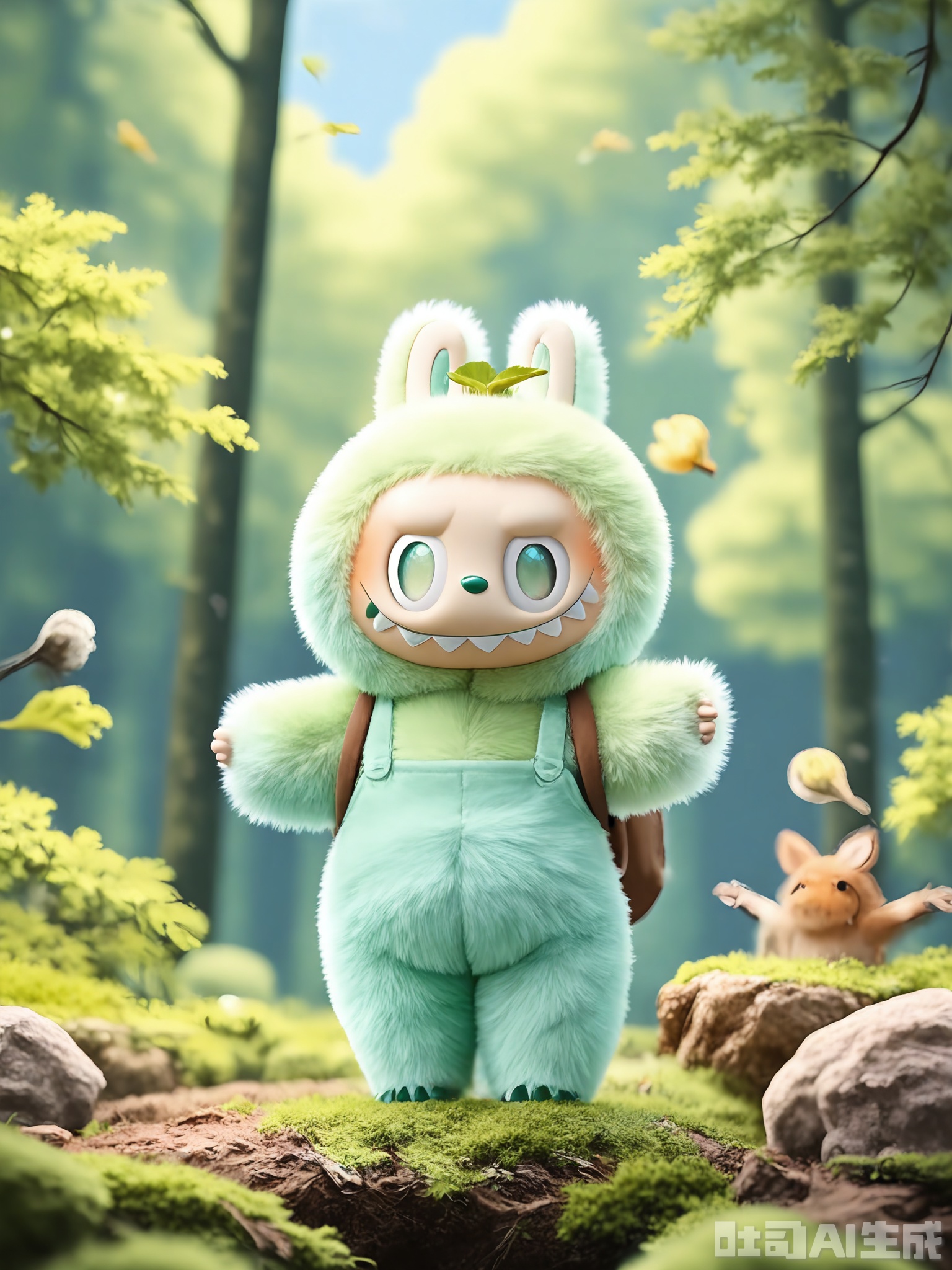 XLBB, A digital illustration of a cute, anthropomorphic bunny character standing in a magical forest filled with talking animals. The bunny has a fluffy, mint-green fur coat with white accents, large expressive emerald eyes, and a friendly smile. It wears a tiny leaf crown and a backpack filled with acorns. The forest is filled with talking squirrels, birds, and deer that communicate with the bunny. The overall atmosphere is whimsical and harmonious, with a soft, forest-inspired color palette dominated by shades of green, brown, and white. The bunny stands confidently in the center, with a few animal friends and a treehouse in the distance.
