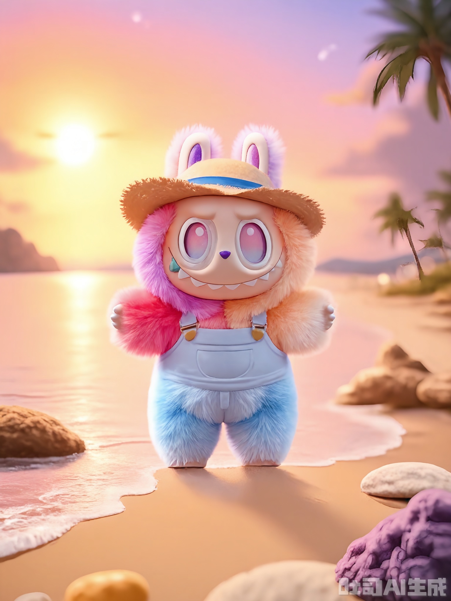 XLBB, A digital illustration of a cute, anthropomorphic bunny character standing in a serene beach setting at sunset. The bunny has a fluffy, coral-pink fur coat with white paws and a fluffy tail, large expressive coral-colored eyes, and a relaxed smile. It wears a tiny sun hat and a pair of sunglasses. The beach is filled with golden sand, crashing waves, and a beautiful sunset that paints the sky in shades of orange, pink, and purple. The overall atmosphere is peaceful and romantic, with a warm, beach-inspired color palette dominated by shades of pink, orange, and blue. The bunny stands contentedly in the center, with a few seashells and a palm tree nearby.
