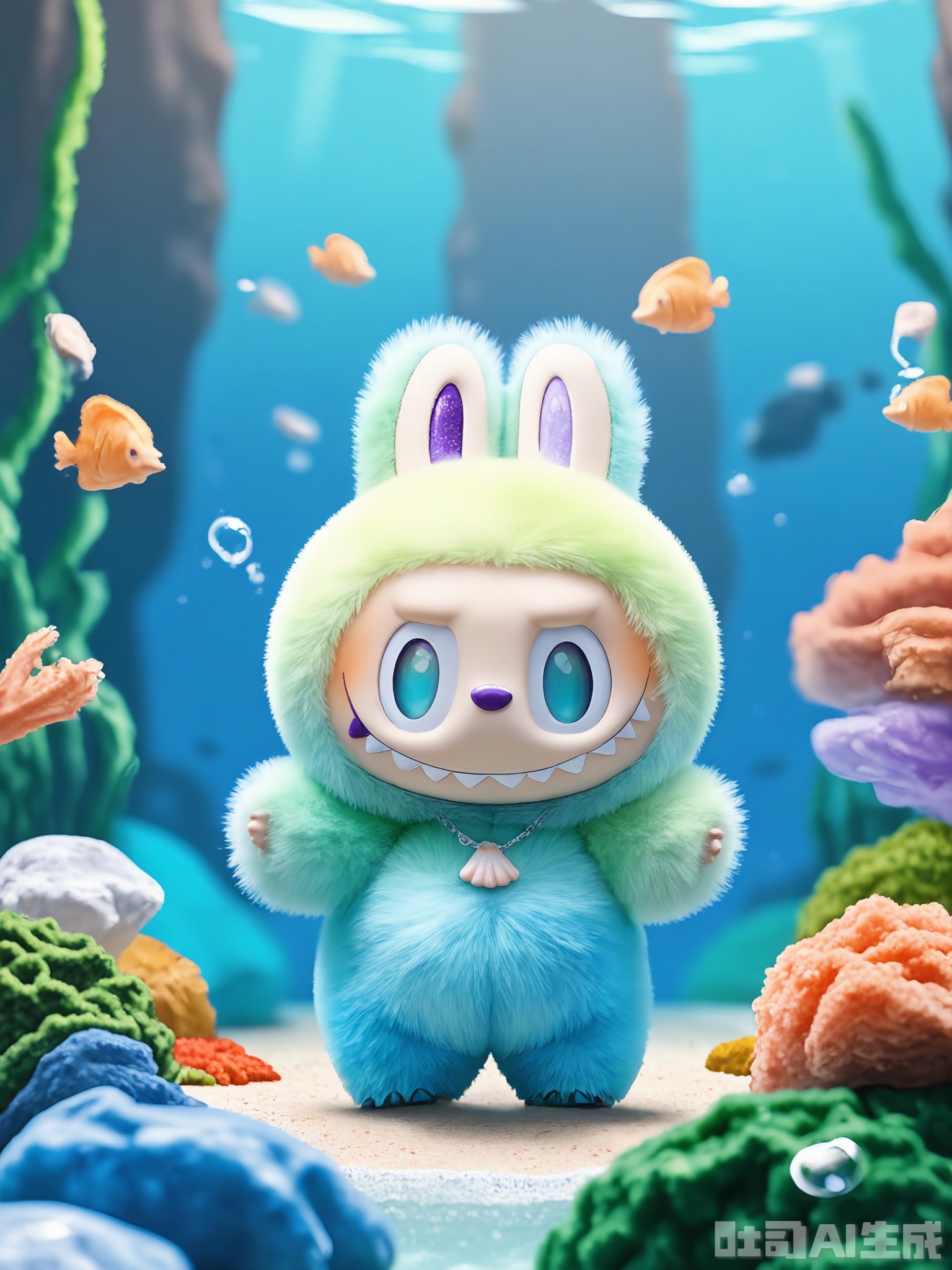 XLBB, A digital illustration of a cute, anthropomorphic bunny character standing in a dreamy underwater scene. The bunny has a fluffy, teal-colored fur coat with iridescent scales, large expressive turquoise eyes, and a serene smile. It wears a seashell necklace and a tiny diving helmet with a bubble coming out of the top. The underwater world is filled with coral reefs, tropical fish, and a gentle current that moves the seaweed. The overall atmosphere is tranquil and magical, with a cool, underwater color palette dominated by shades of blue, green, and purple. The bunny stands gracefully in the center, with a few starfish and a treasure chest nearby.
