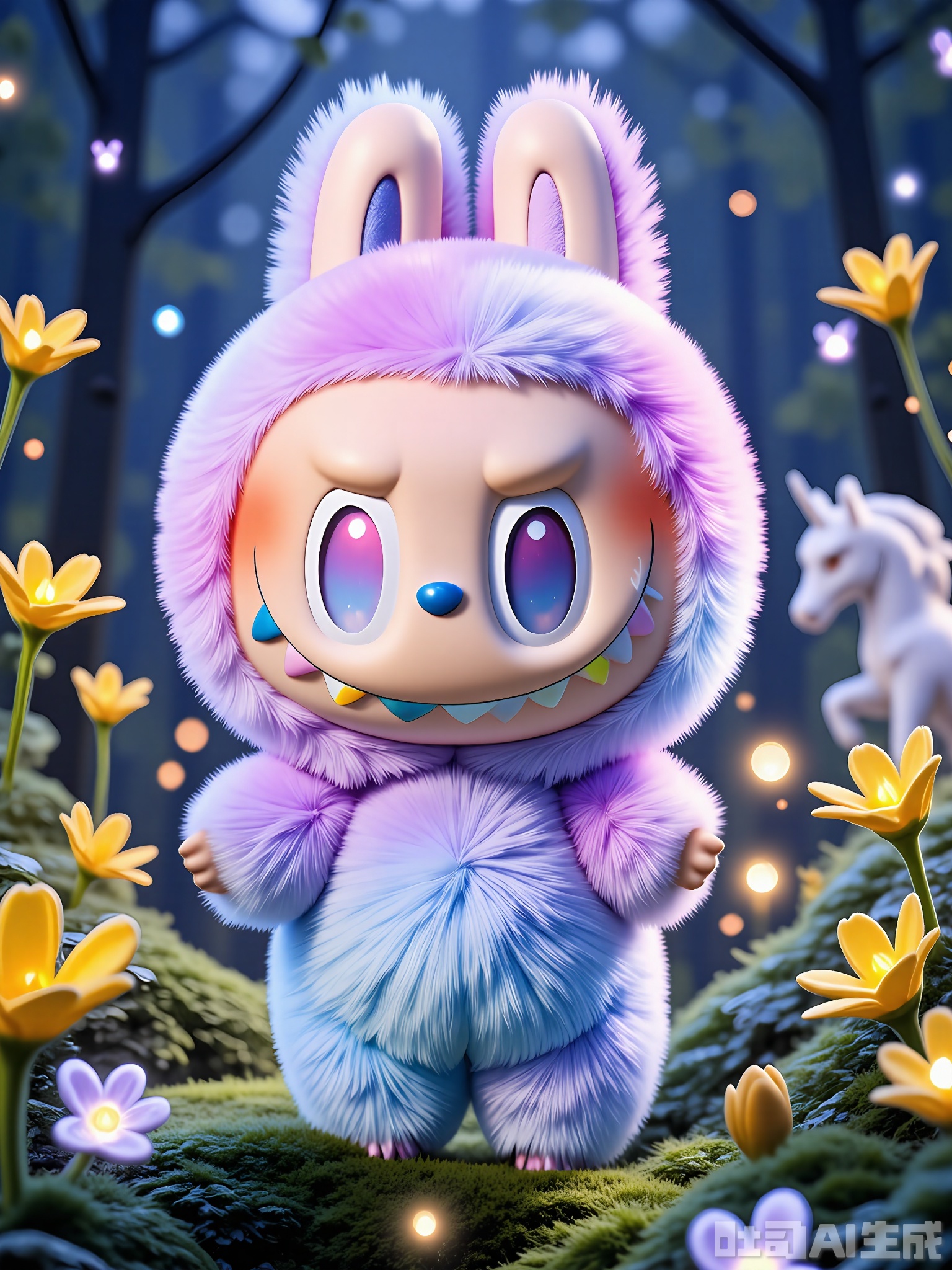 XLBB, A digital illustration of a cute, anthropomorphic bunny character standing in a magical garden filled with flowers that glow in the dark. The bunny has a fluffy, lavender-and-white-striped fur coat, large expressive violet eyes, and a mystical aura. It wears a crown of glowing flowers and a tiny wand in its paw. The garden is filled with bioluminescent plants, fireflies, and a gentle mist that adds to the enchanting atmosphere. The overall atmosphere is otherworldly and captivating, with a soft, glowing color palette dominated by shades of purple, green, and blue. The bunny stands enchantingly in the center, with a few fairies and a unicorn statue nearby.
