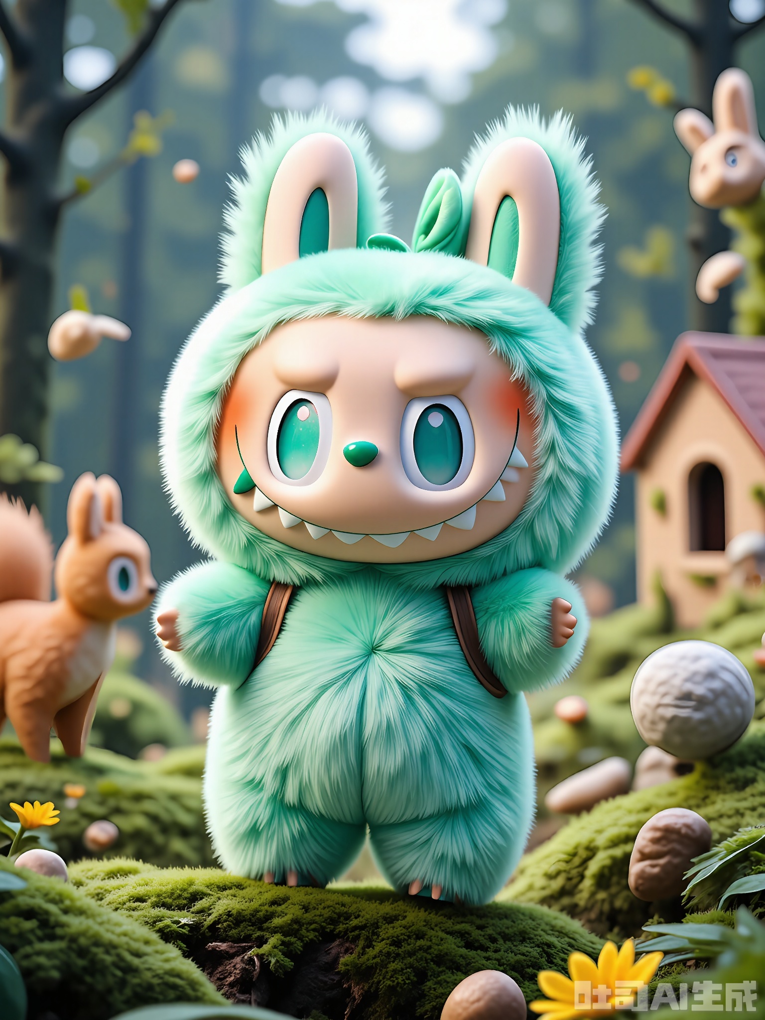 XLBB, A digital illustration of a cute, anthropomorphic bunny character standing in a magical forest filled with talking animals. The bunny has a fluffy, mint-green fur coat with white accents, large expressive emerald eyes, and a friendly smile. It wears a tiny leaf crown and a backpack filled with acorns. The forest is filled with talking squirrels, birds, and deer that communicate with the bunny. The overall atmosphere is whimsical and harmonious, with a soft, forest-inspired color palette dominated by shades of green, brown, and white. The bunny stands confidently in the center, with a few animal friends and a treehouse in the distance.

