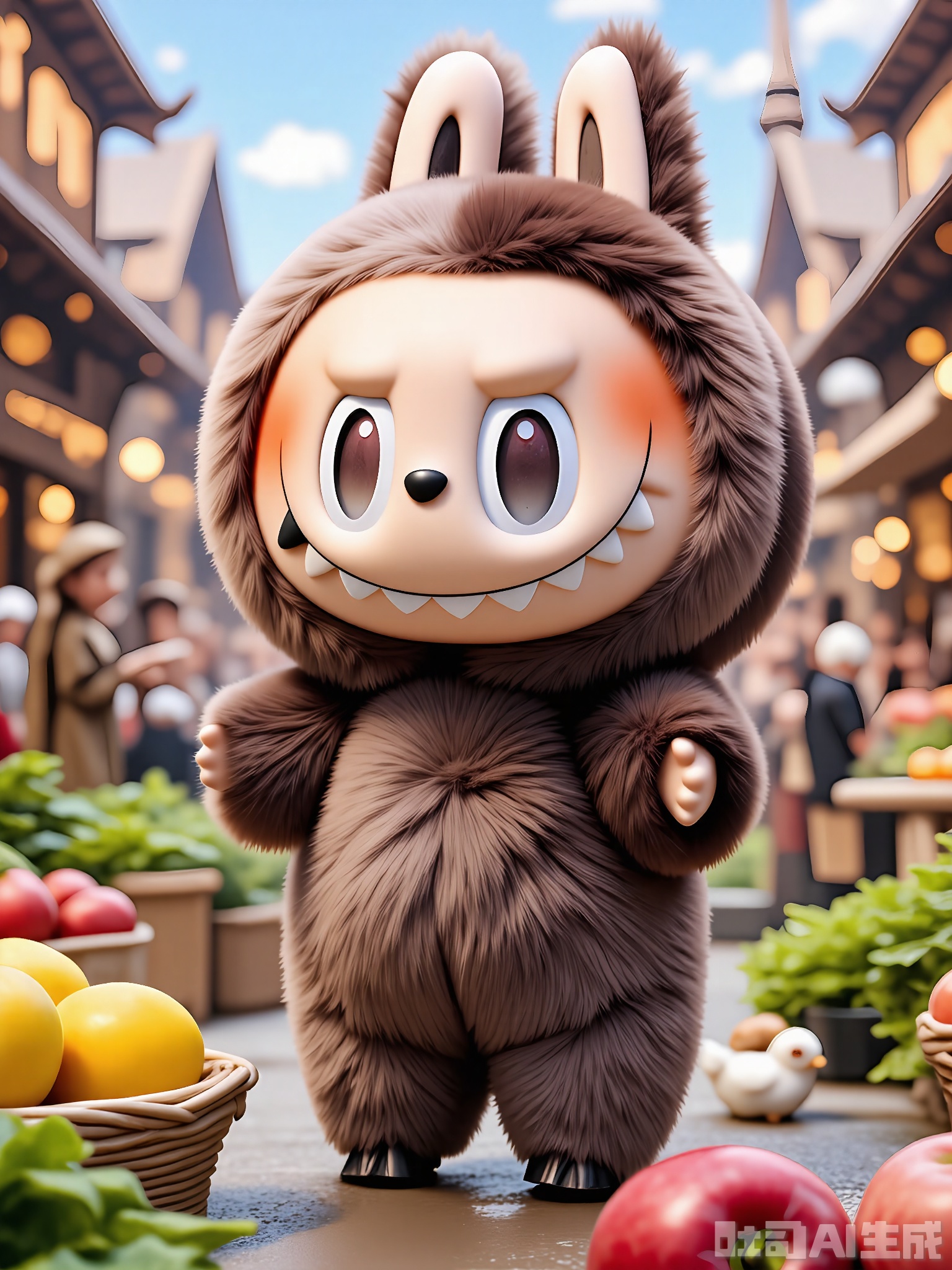 XLBB, A digital illustration of a cute, anthropomorphic bunny character standing in a bustling medieval marketplace. The bunny has a fluffy, brown-and-white-spotted fur coat, large expressive brown eyes, and a friendly smile. It wears a tunic and a tiny hat with a feather. The marketplace is filled with stalls selling fruits, vegetables, and handmade crafts. People in medieval costumes walk by, and a minstrel plays music in the background. The overall atmosphere is lively and vibrant, with a warm, earthy color palette dominated by shades of brown, green, and red. The bunny stands cheerfully in the center, with a few chickens and a basket of apples nearby.
