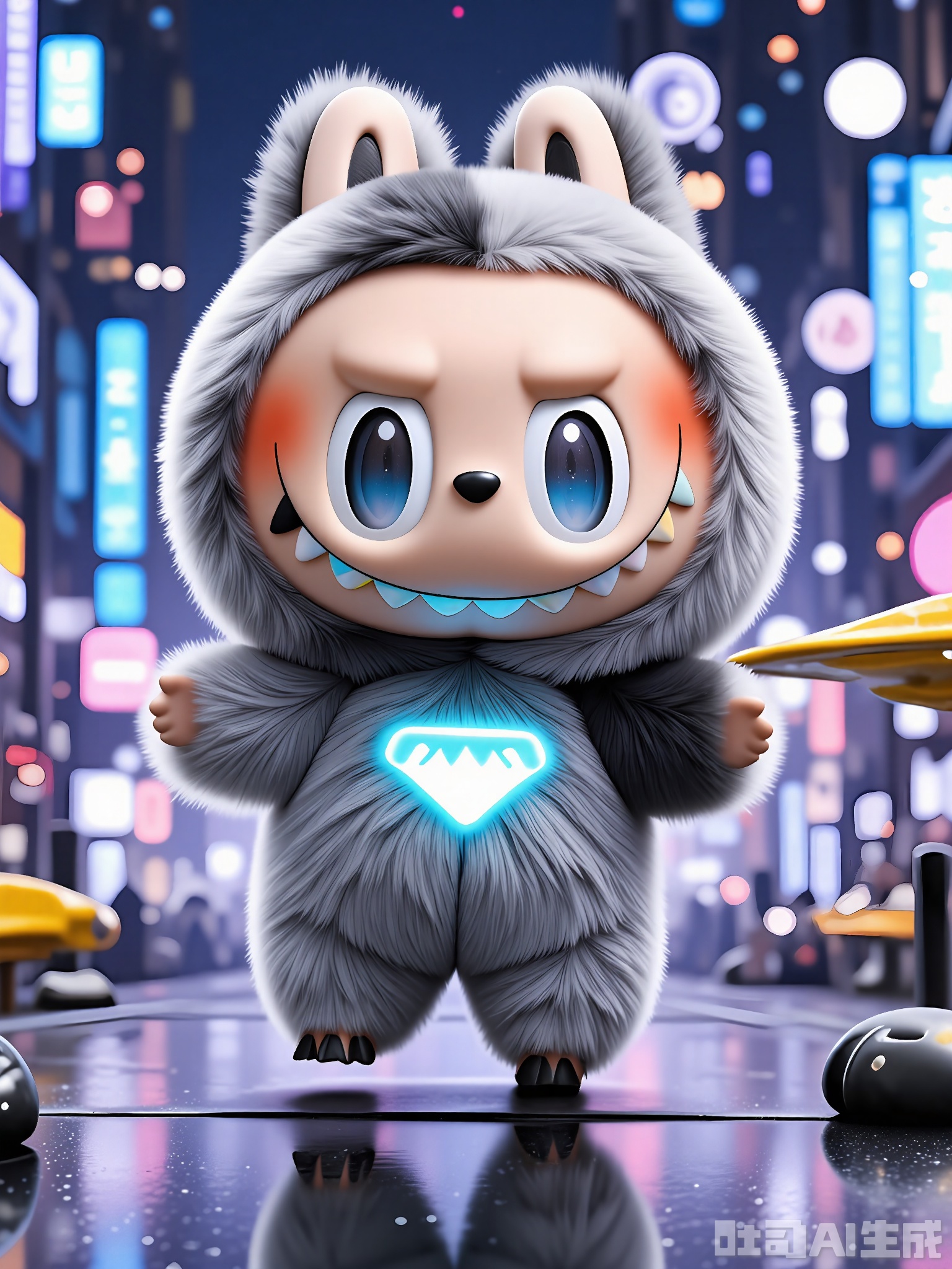 XLBB, A digital illustration of a cute, anthropomorphic bunny character standing in a futuristic cityscape. The bunny has a sleek, silver-gray fur coat with neon blue accents, large expressive glowing eyes, and a determined expression. It wears a high-tech jumpsuit with a holographic display on the chest. The cityscape is filled with towering skyscrapers, flying cars, and a neon-lit sky. The overall atmosphere is sleek and modern, with a cool, futuristic color palette dominated by shades of gray, blue, and purple. The bunny stands confidently in the center, with a few drones and a robot companion nearby.
