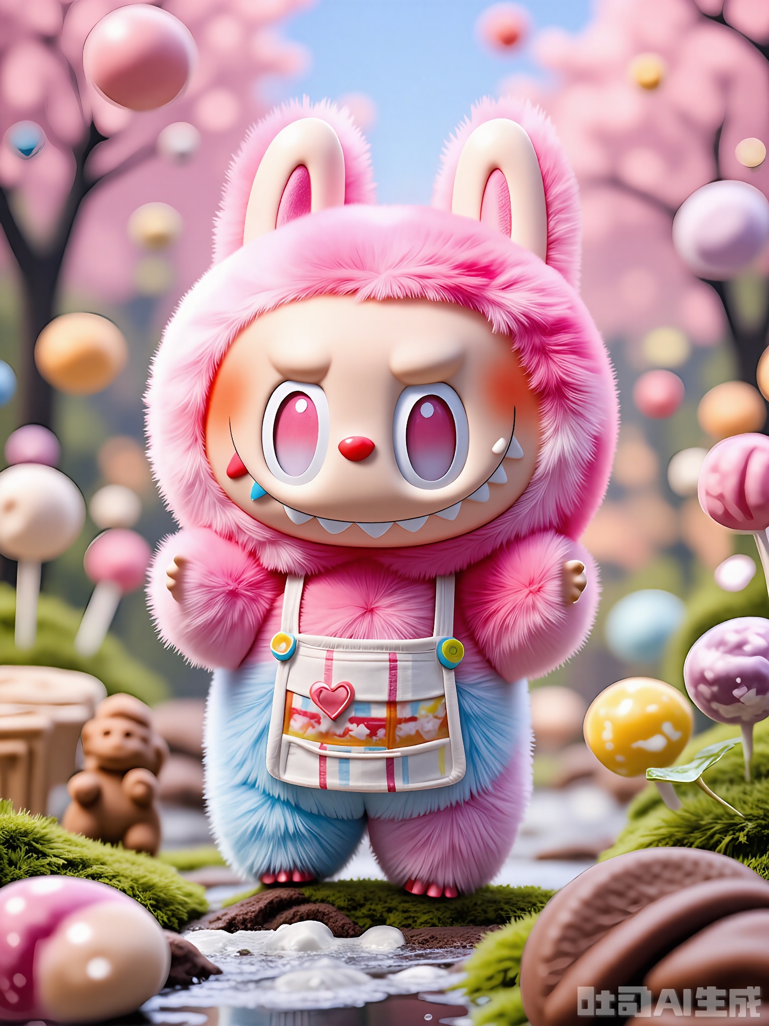 XLBB, A digital illustration of a cute, anthropomorphic bunny character standing in a whimsical candy land. The bunny has a fluffy, cotton-candy-pink fur coat with white sprinkles, large expressive pink eyes, and a delighted grin. It wears a striped candy cane hat and a tiny apron filled with sweets. The candy land is filled with lollipop trees, gumdrop bushes, and a chocolate river flowing through the center. The overall atmosphere is sweet and playful, with a bright, candy-colored palette dominated by shades of pink, red, and brown. The bunny stands joyfully in the center, with a few gummy bears and a candy cane cane nearby.

