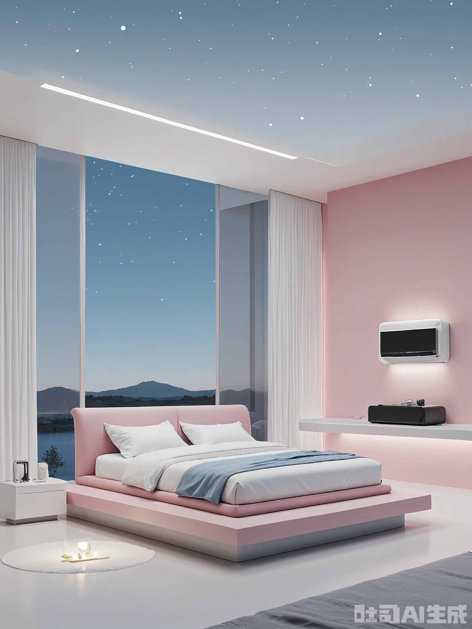 JDHB, A minimalist bedroom with a modern design, featuring a platform bed with a light gray and white bedspread, a black bedside table, and a pink throw pillow. The background includes a pale blue wall and a large window with a view of a starry night sky. The bedroom has a sleek, contemporary aesthetic with white and chrome accents. The lighting is dimmable and cozy, highlighting the clean lines and serene atmosphere.
