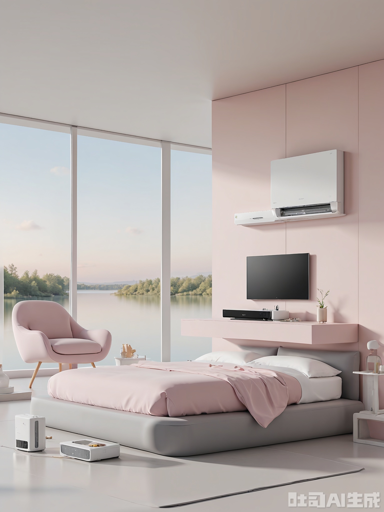 JDHB, A CGI render of a modern, minimalist bedroom with a large window overlooking a serene lake. The bedroom follows a soft pink and gray color theme, with a large sign stating "LAKESIDE LULLABY LL-500" above the bed. It includes a platform bed with a smart mattress that adjusts firmness, a wall-mounted TV, and a dresser with a built-in mirror. A small seating area with a pink armchair and a gray side table provides a place to unwind. The lighting is soft and romantic, creating a lakeside retreat feel.
