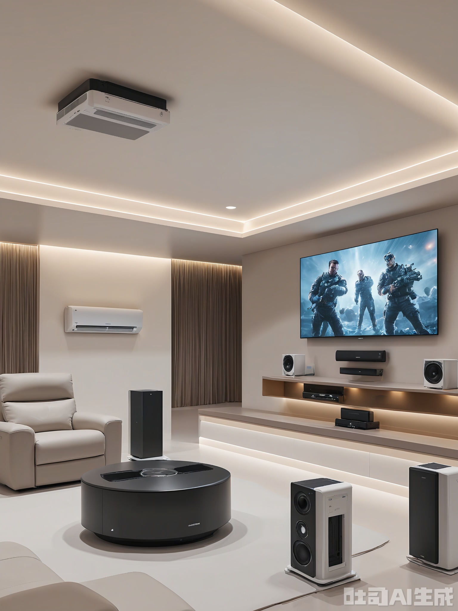 JDHB, Photograph of a contemporary home theater with a high-tech audio-visual setup. A large, projector screen is mounted on the wall, and a projector with 4K resolution and HDR support sits on a shelf below. A surround sound system with multiple speakers and a subwoofer fills the room with immersive sound. A smart universal remote control operates all the devices, and comfortable reclining chairs complete the experience. The lighting is dimmable, with blackout curtains blocking out external light.
