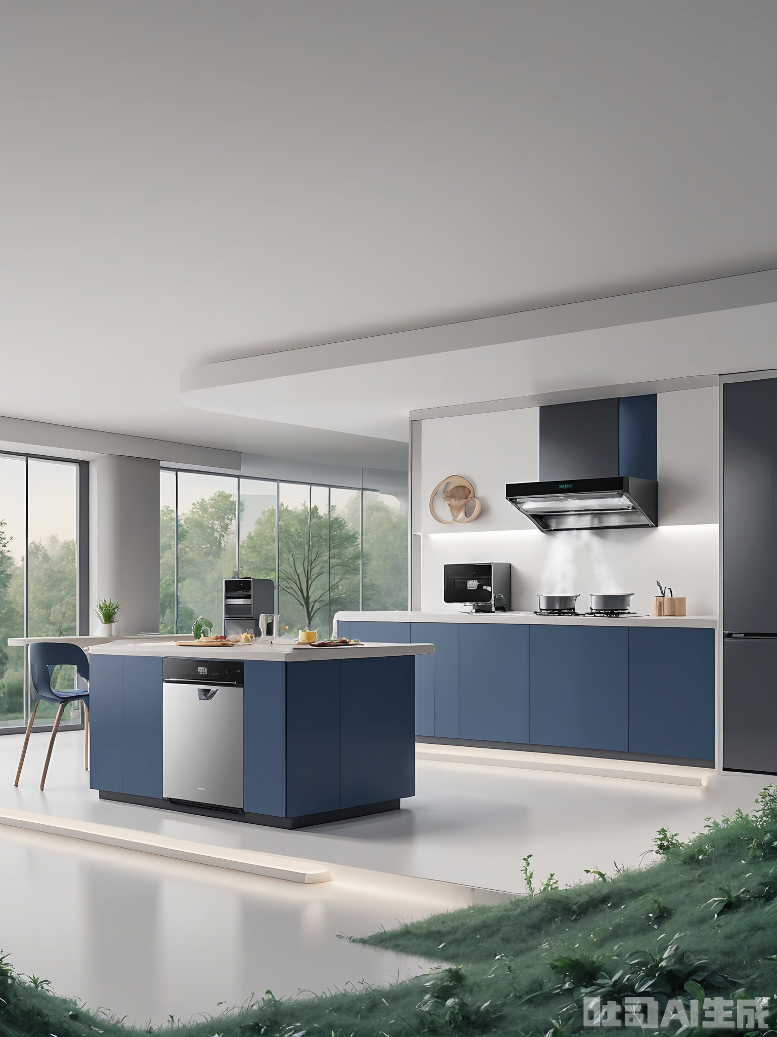 JDHB, A CGI image of a futuristic, minimalist kitchen space with a vast floor-to-ceiling window framing a lush green forest. The kitchen adopts a navy blue and silver color palette, with a large illuminated sign reading "AURORA KITCHEN PRO X900" above the central island. It features a smart induction cooktop, a double-door refrigerator with a transparent display, and a compact dishwasher. A small breakfast nook with a round glass table and navy blue chairs adds a touch of warmth. The lighting is soft and diffused, creating a serene cooking environment.