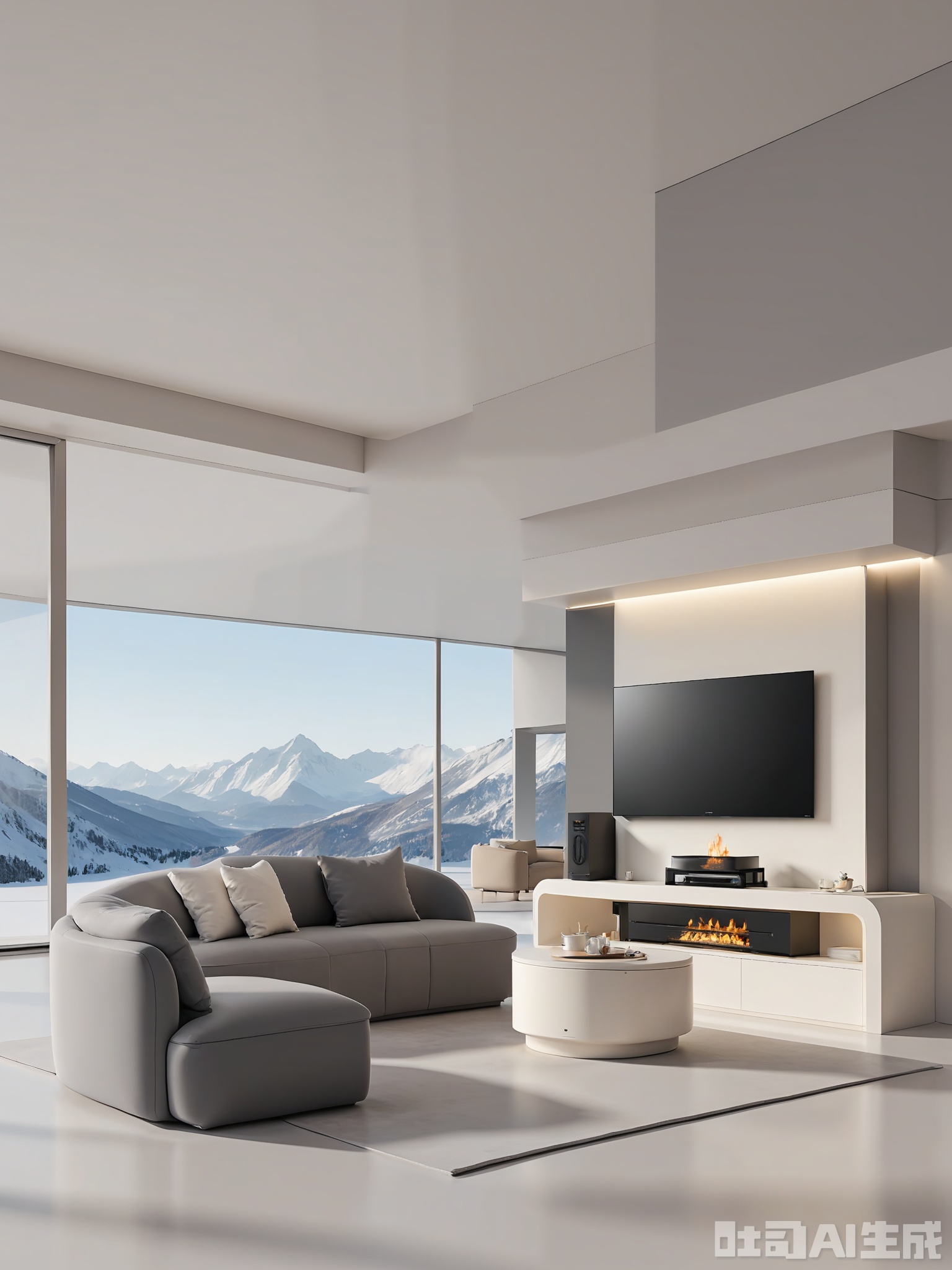 JDHB, A CGI image of a modern, minimalist living room with a large window showcasing a snow-covered mountain range. The living room is decorated in a charcoal gray and cream color scheme, with a large illuminated sign reading "PEAK LIVING PL-700" above the fireplace. It includes a sectional sofa with a built-in recliner, a smart TV with a curved screen, and a coffee table with hidden storage. A small reading nook with a cream armchair and a charcoal gray ottoman adds a cozy touch. The lighting is warm and inviting, creating a mountain retreat atmosphere.
