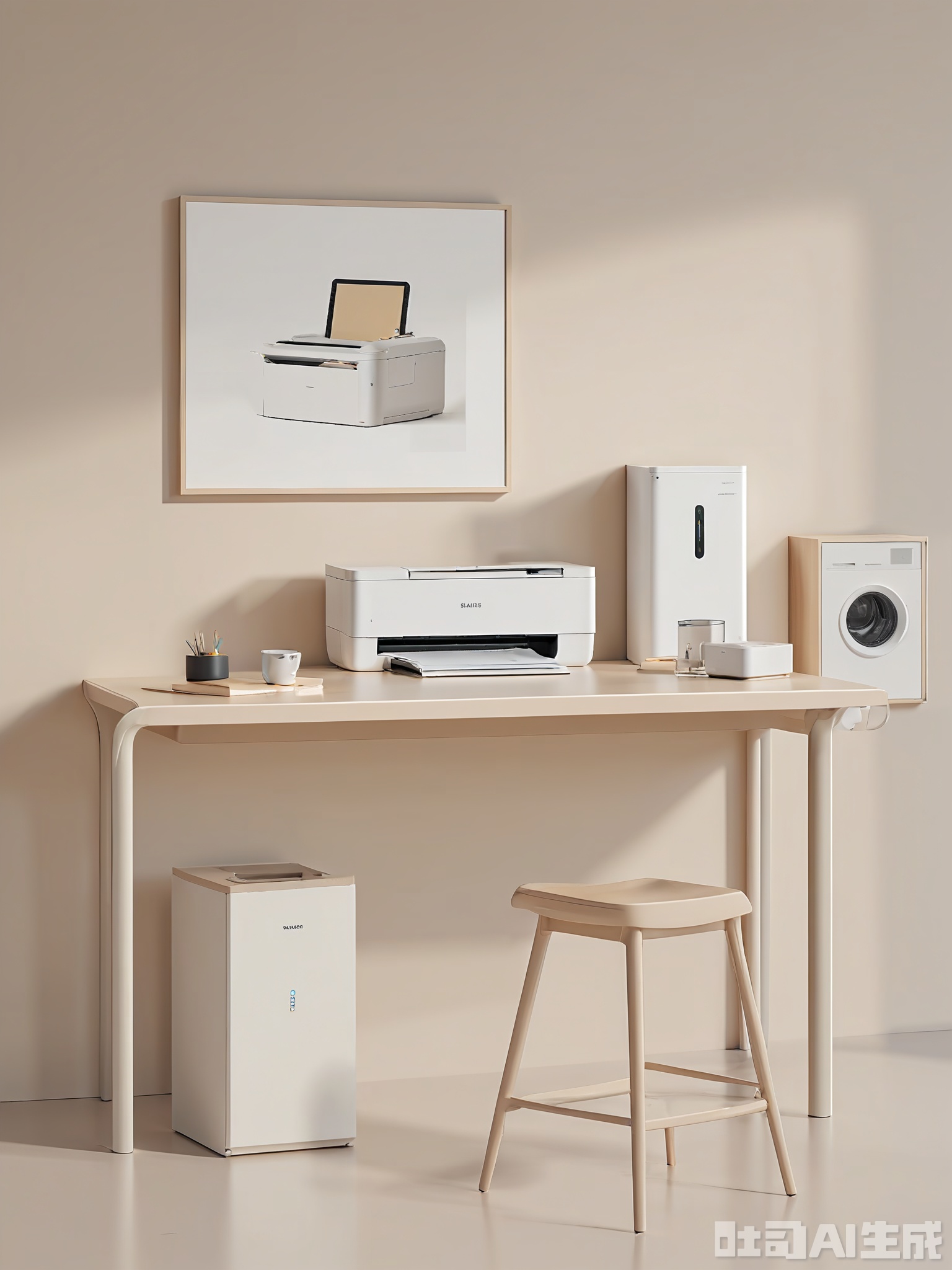 JDHB, Photograph of a minimalist home office with a compact printer and scanner. A wireless all-in-one printer with a sleek design and touchscreen display sits on a desk. A document scanner with high-speed scanning capabilities is integrated, and a paper shredder sits nearby for secure disposal. The desk is made of light wood with a matte finish, and a comfortable office chair completes the workspace. The lighting is bright and focused, with a desk lamp providing additional illumination.
