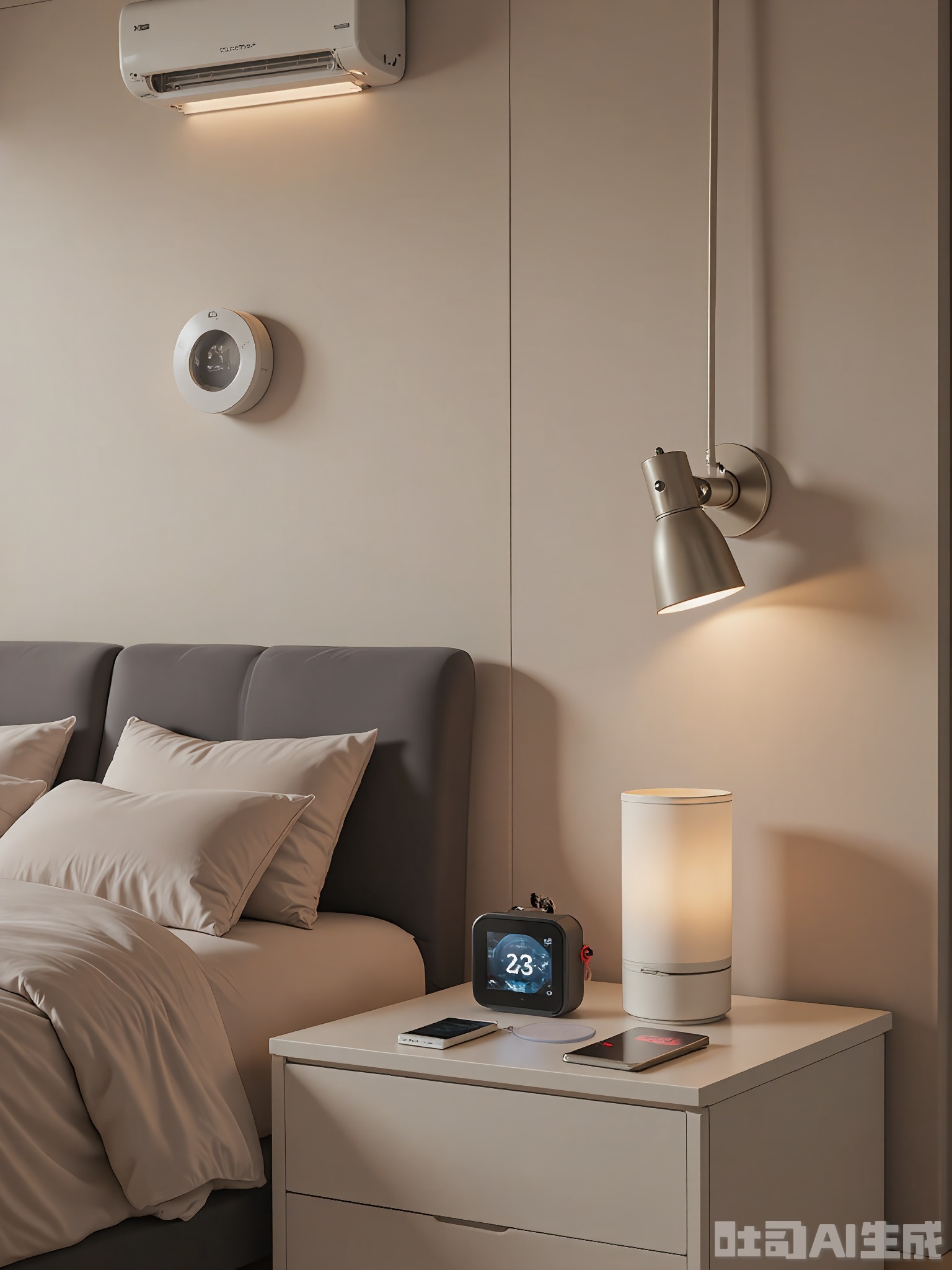 JDHB, Photograph of a sleek, modern bedroom with smart home devices. A platform bed with a low-profile headboard is adorned with soft, neutral-colored bedding. On the nightstand, a smart alarm clock with a digital display sits beside a wireless charging pad. Above the bed, a smart thermostat is mounted on the wall, and a smart lamp with adjustable brightness adds a cozy glow. The lighting is dimmable, allowing for a relaxing ambiance.
